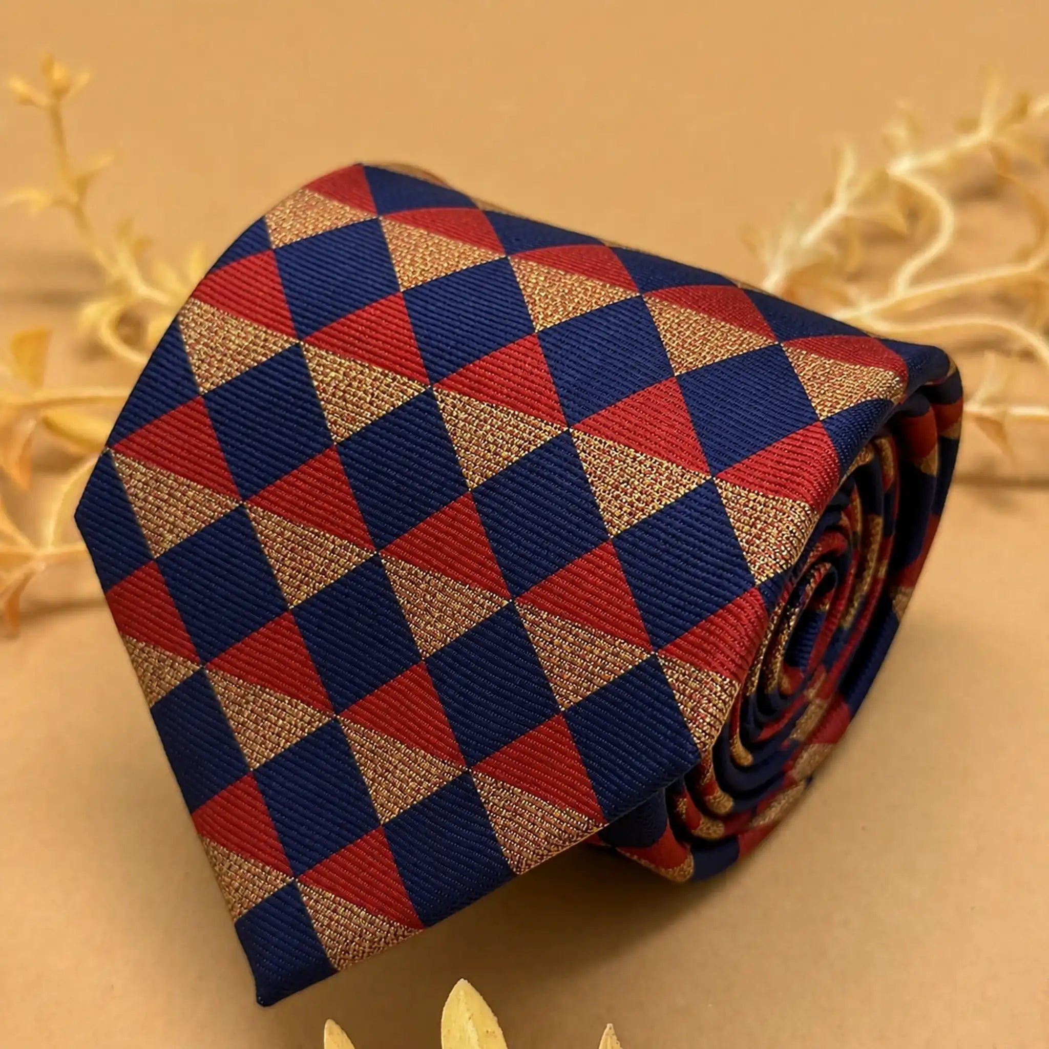 Navy Blue and Rust Argyle Silk Necktie