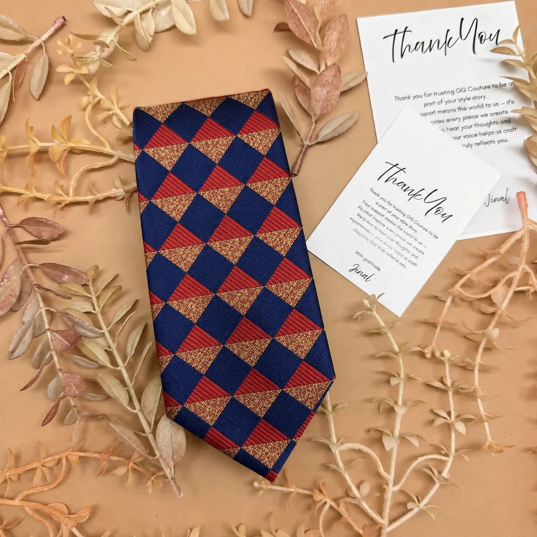 Navy Blue and Rust Argyle Silk Necktie