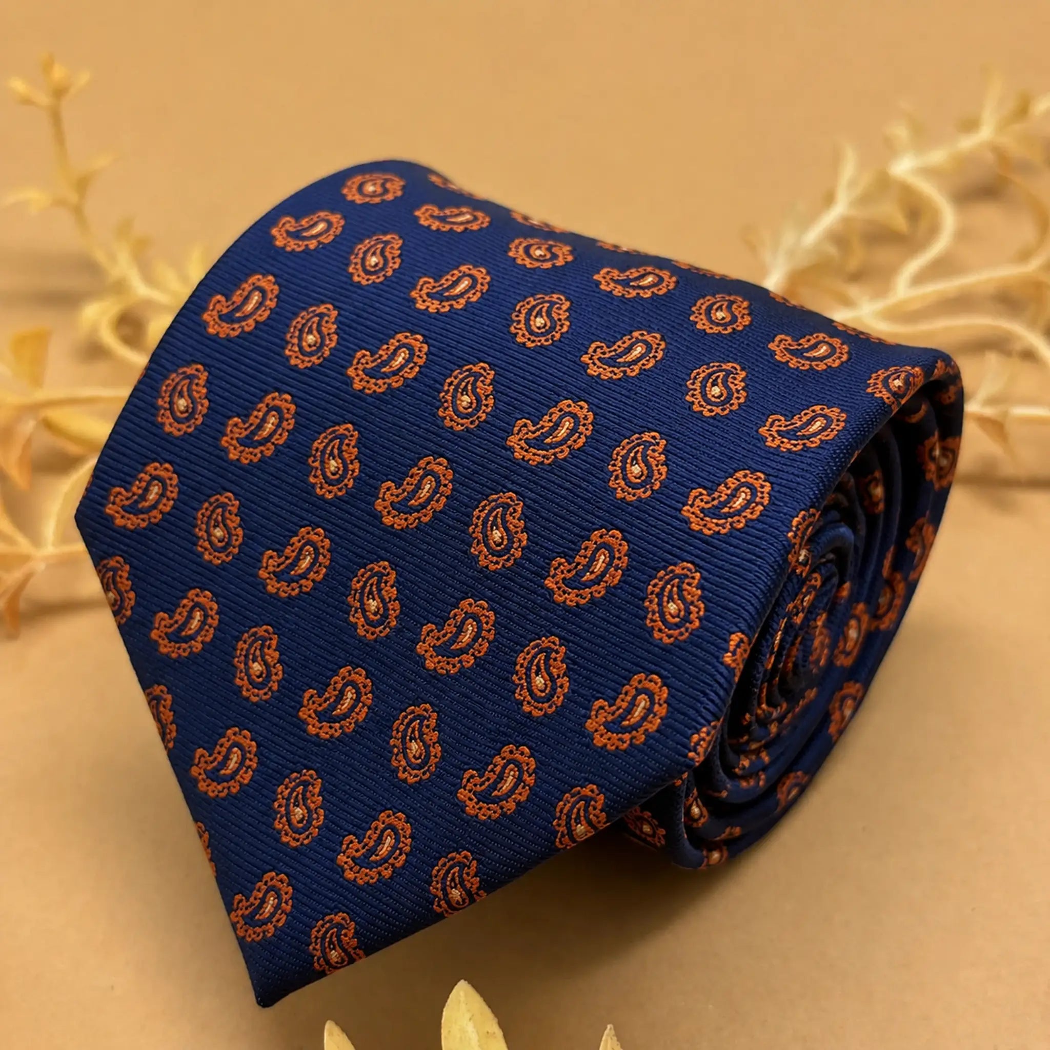 Navy Blue and Gold Copper Paisley Silk Necktie