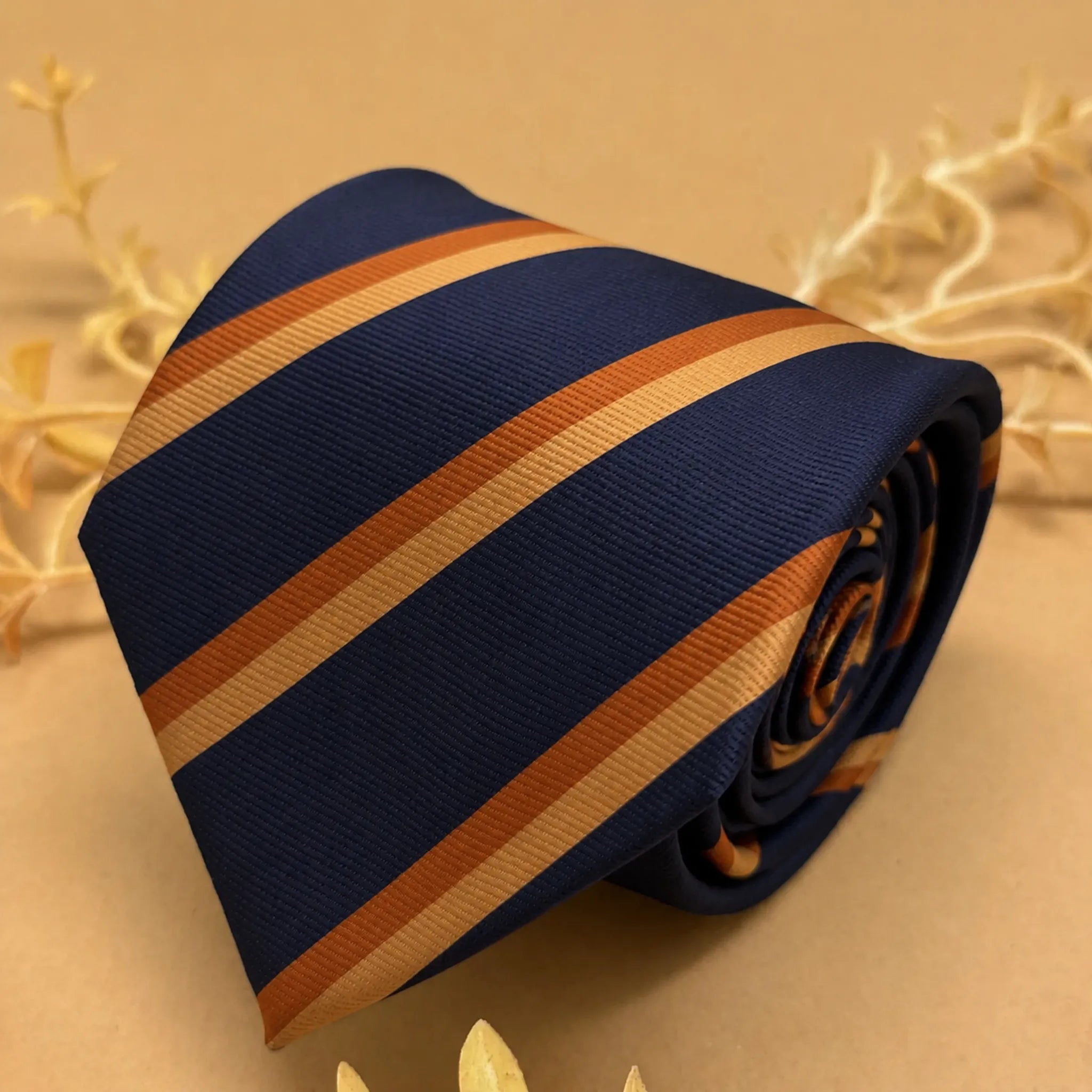 Navy Blue and Burnt Orange Stripe Silk Necktie