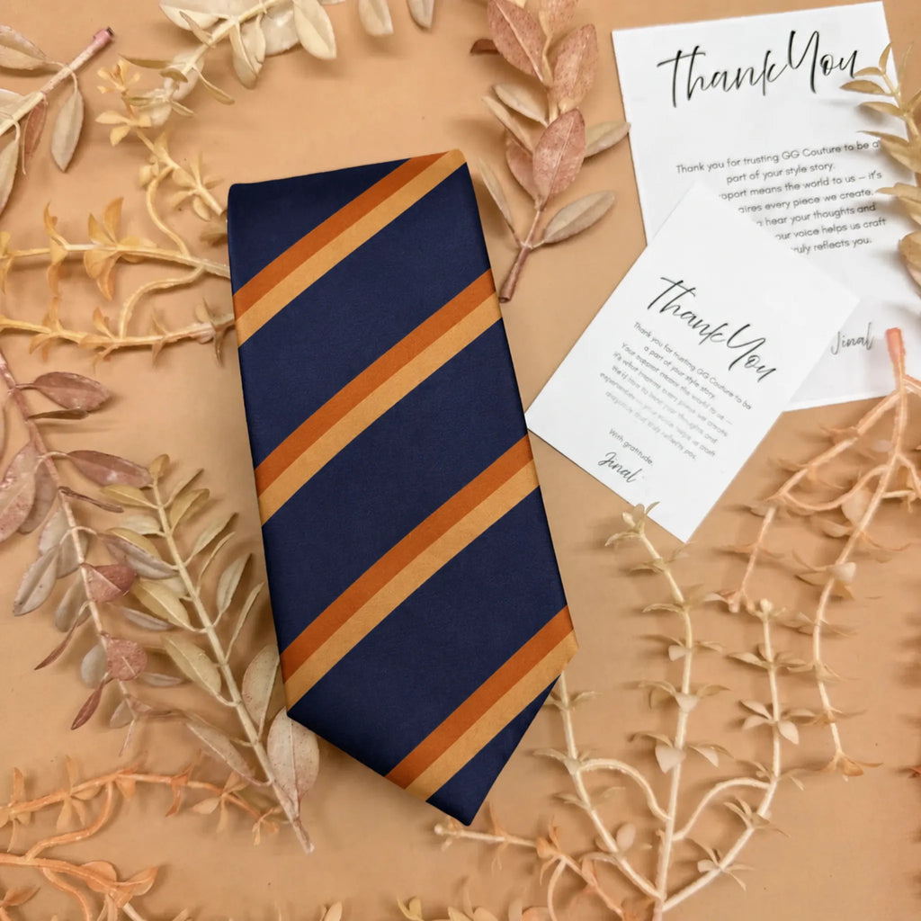 Navy Blue and Burnt Orange Stripe Silk Necktie