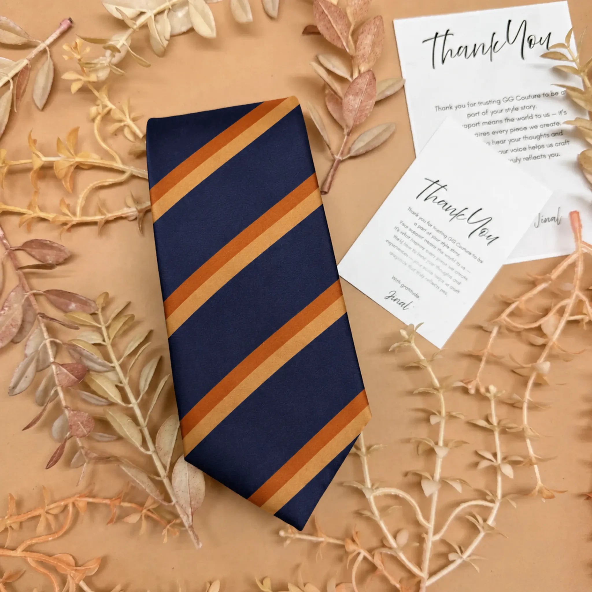 Navy Blue and Burnt Orange Stripe Silk Necktie