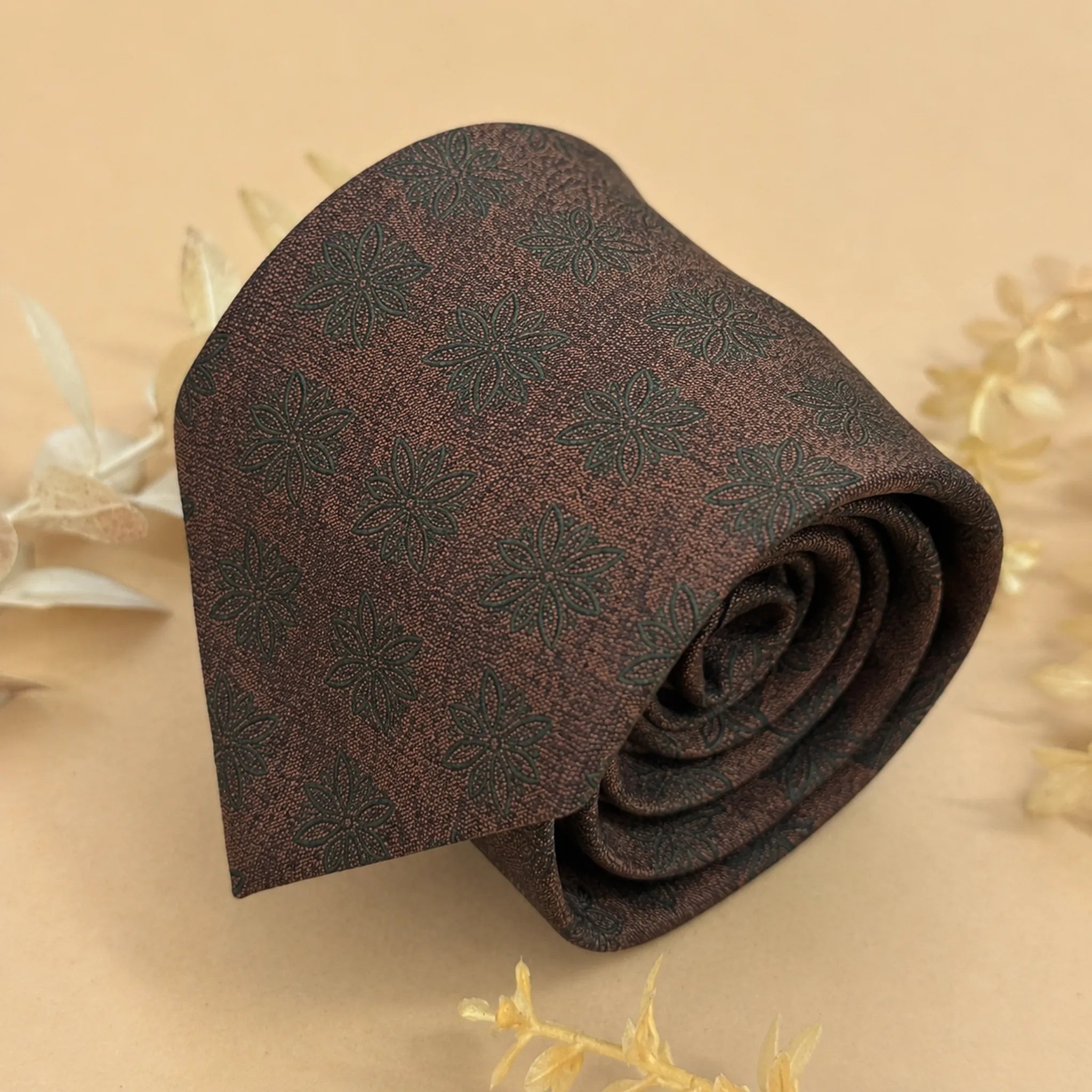 Rust Brown Botanical Motif Silk Necktie