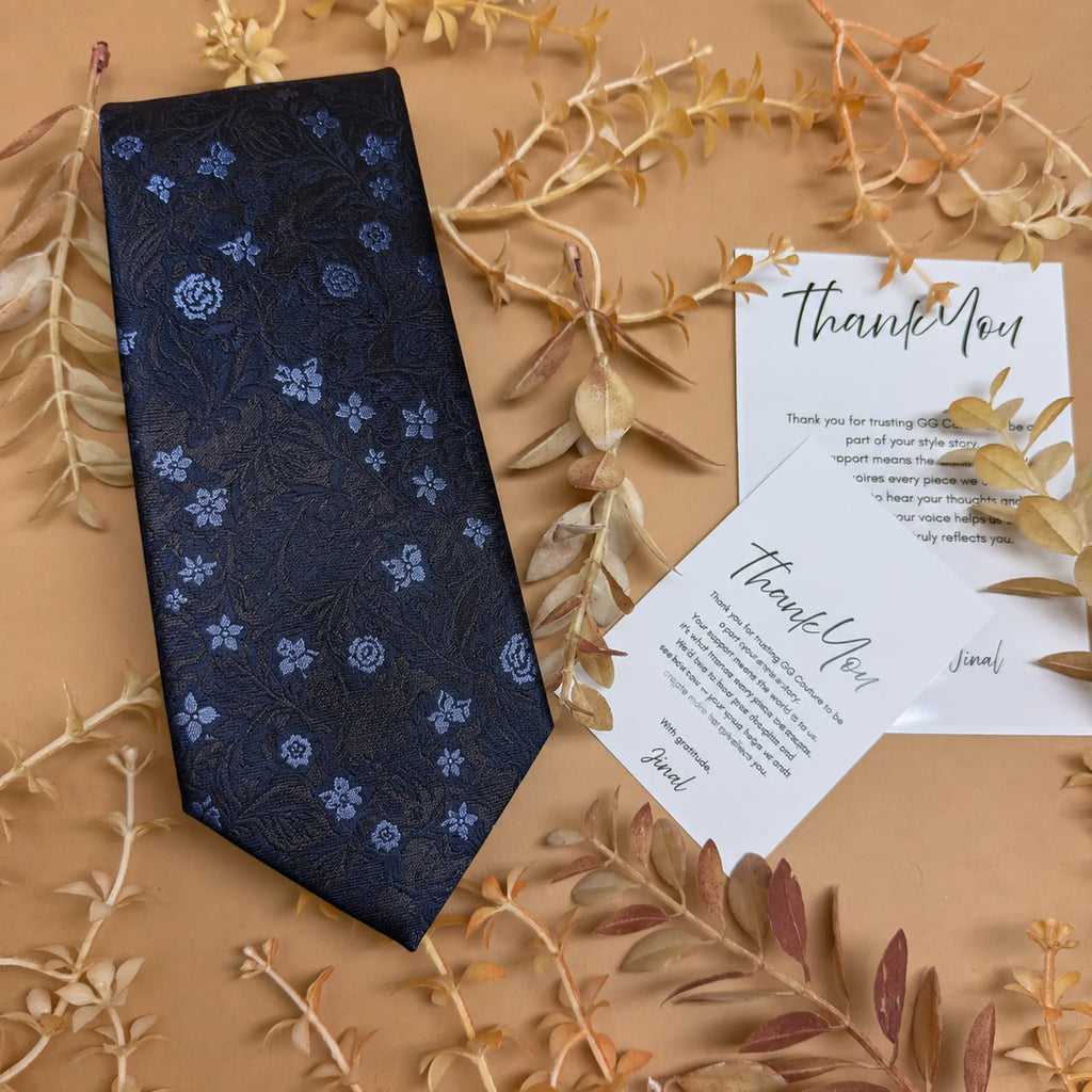 Navy Sky Blue Floral Silk Necktie