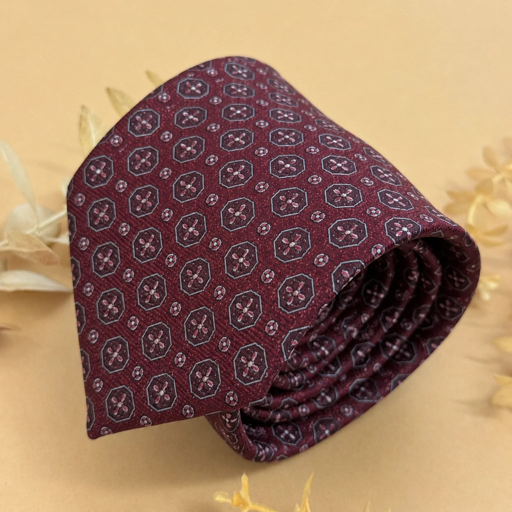 Burgundy Silver Medallion Silk Necktie
