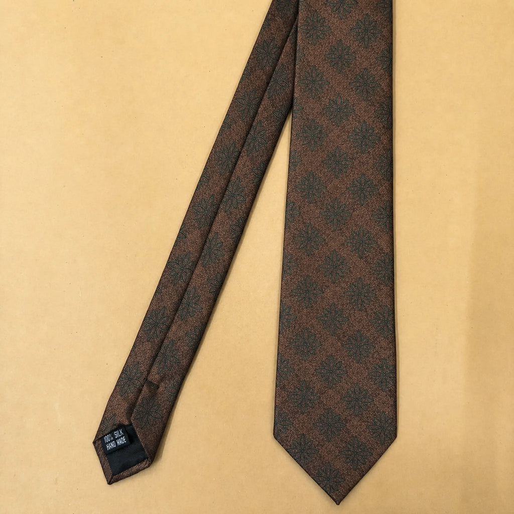 Rust Brown Botanical Motif Silk Necktie