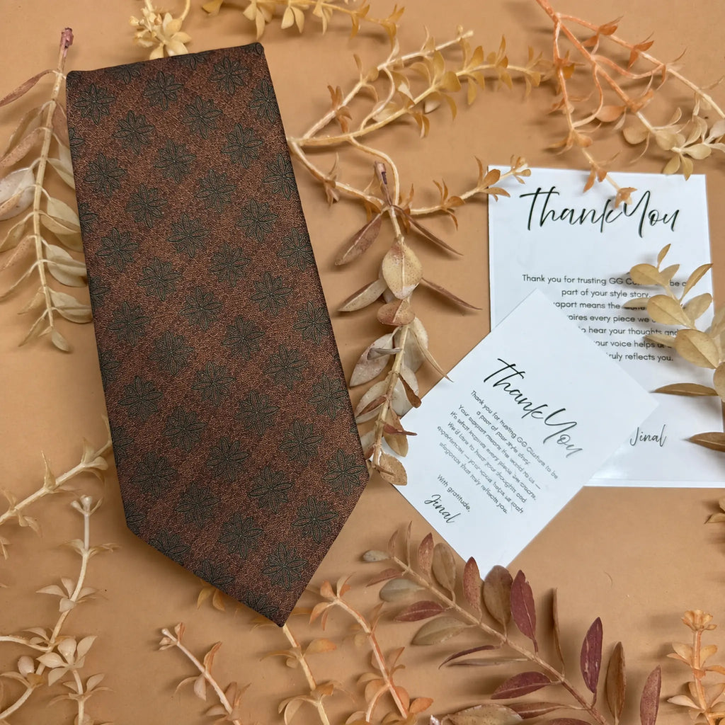 Rust Brown Botanical Motif Silk Necktie