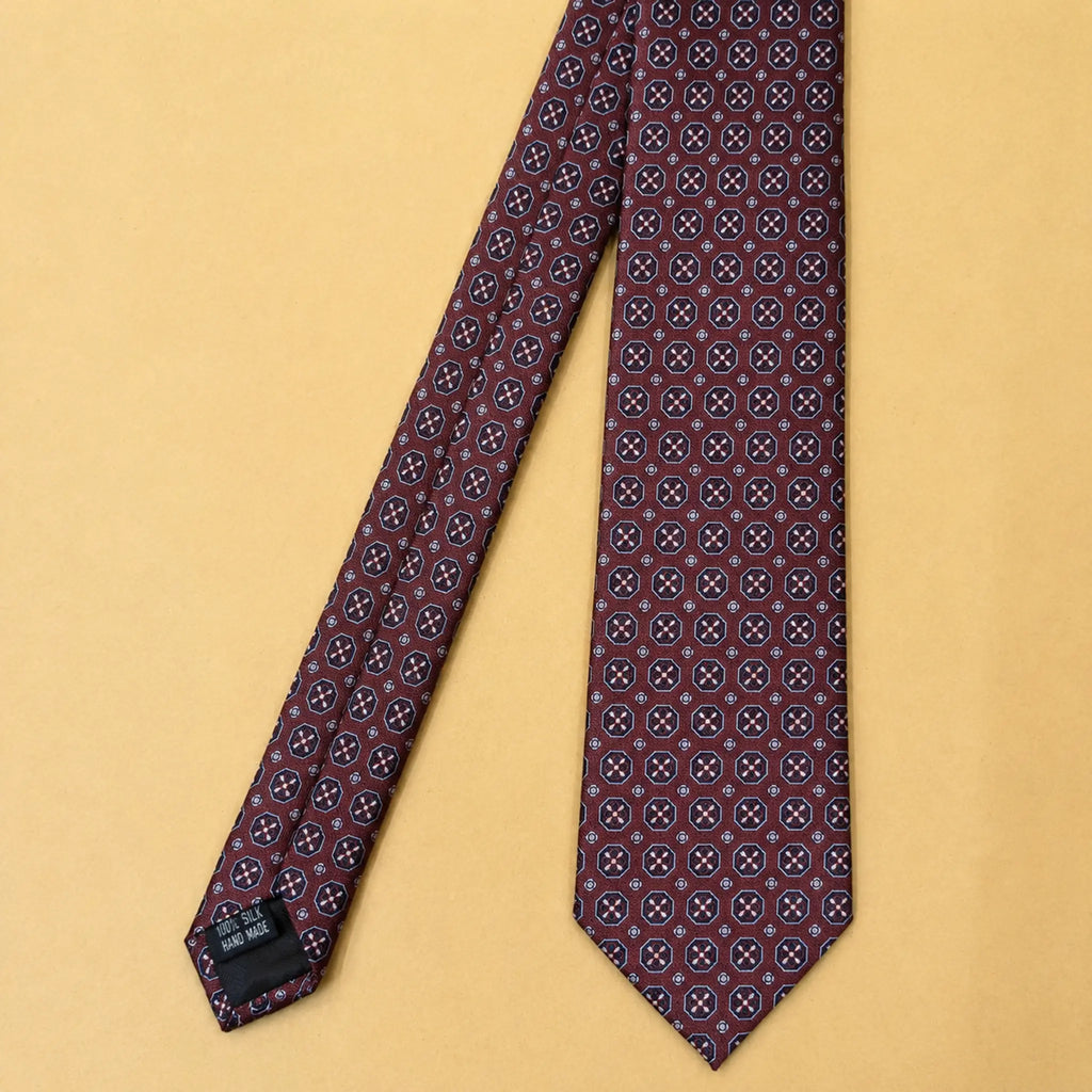 Burgundy Silver Medallion Silk Necktie