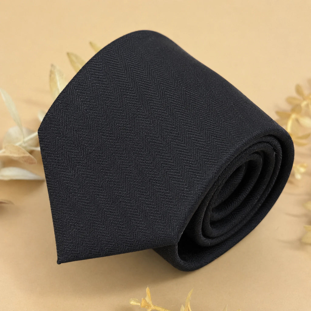 Jet Black Herringbone Silk Necktie