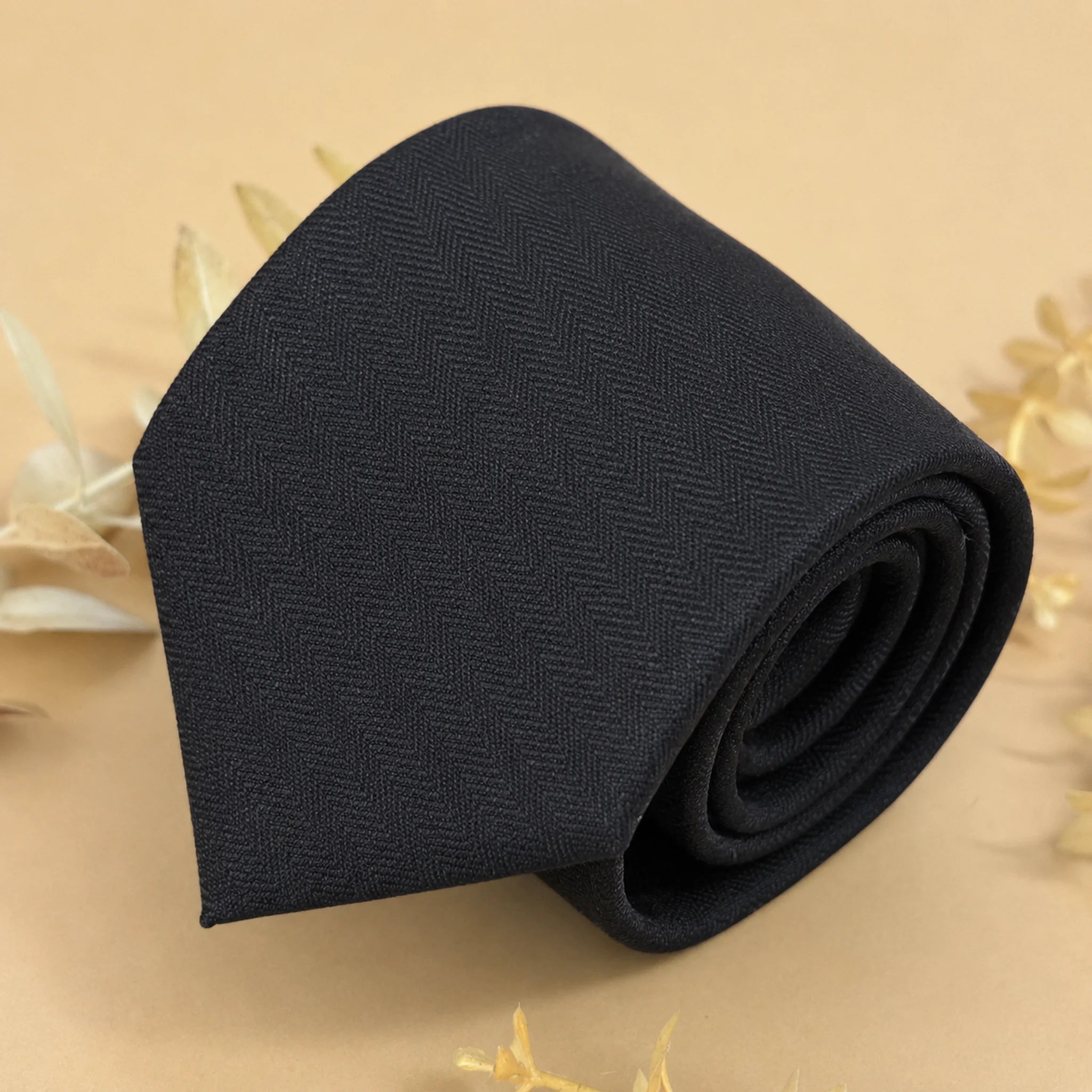 Jet Black Herringbone Silk Necktie