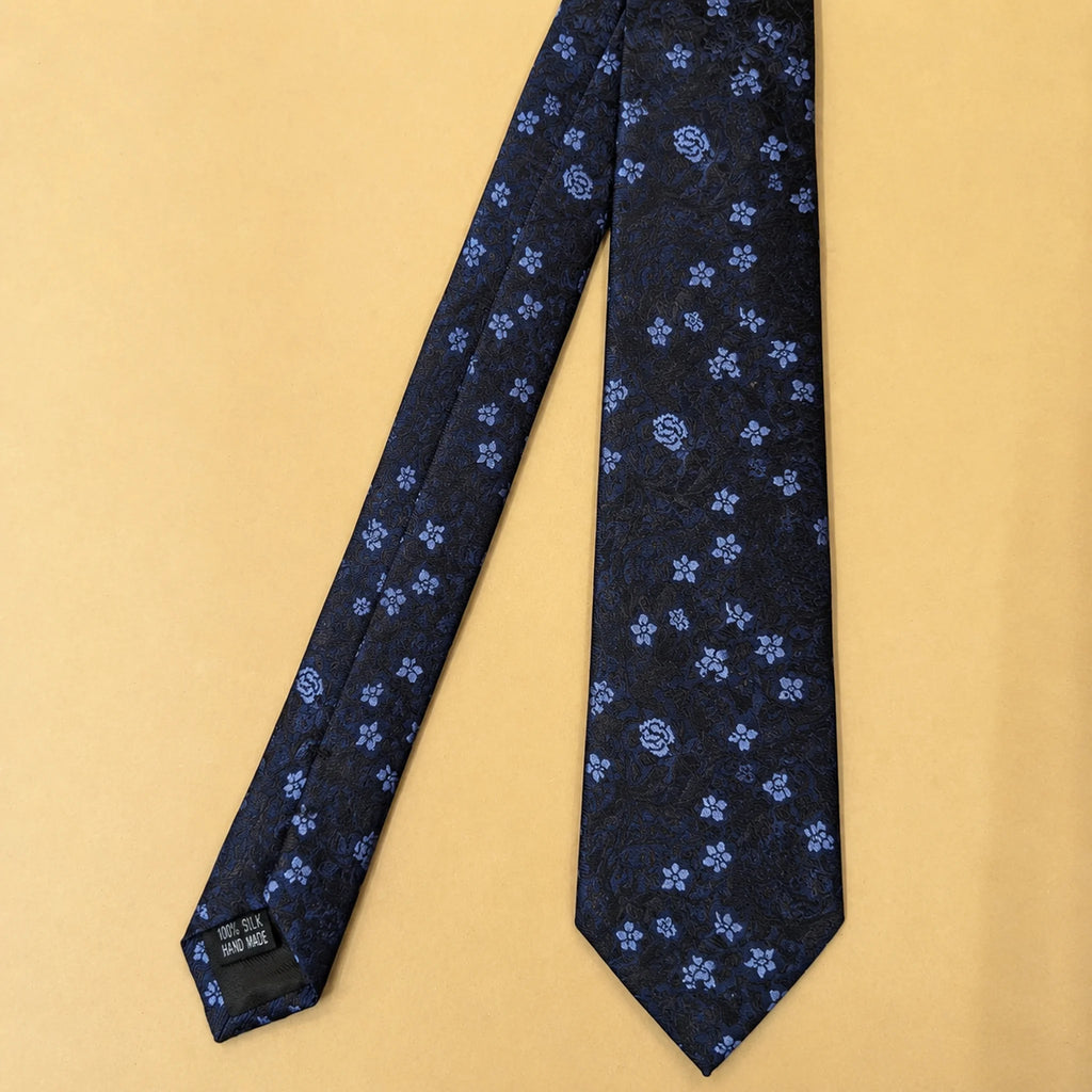 Navy Sky Blue Floral Silk Necktie