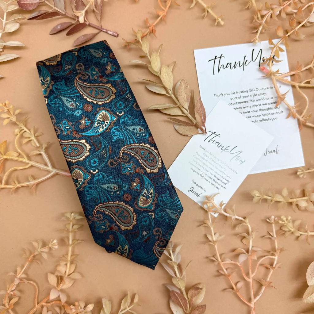 Teal Blue Multi Paisley Designer Silk Necktie