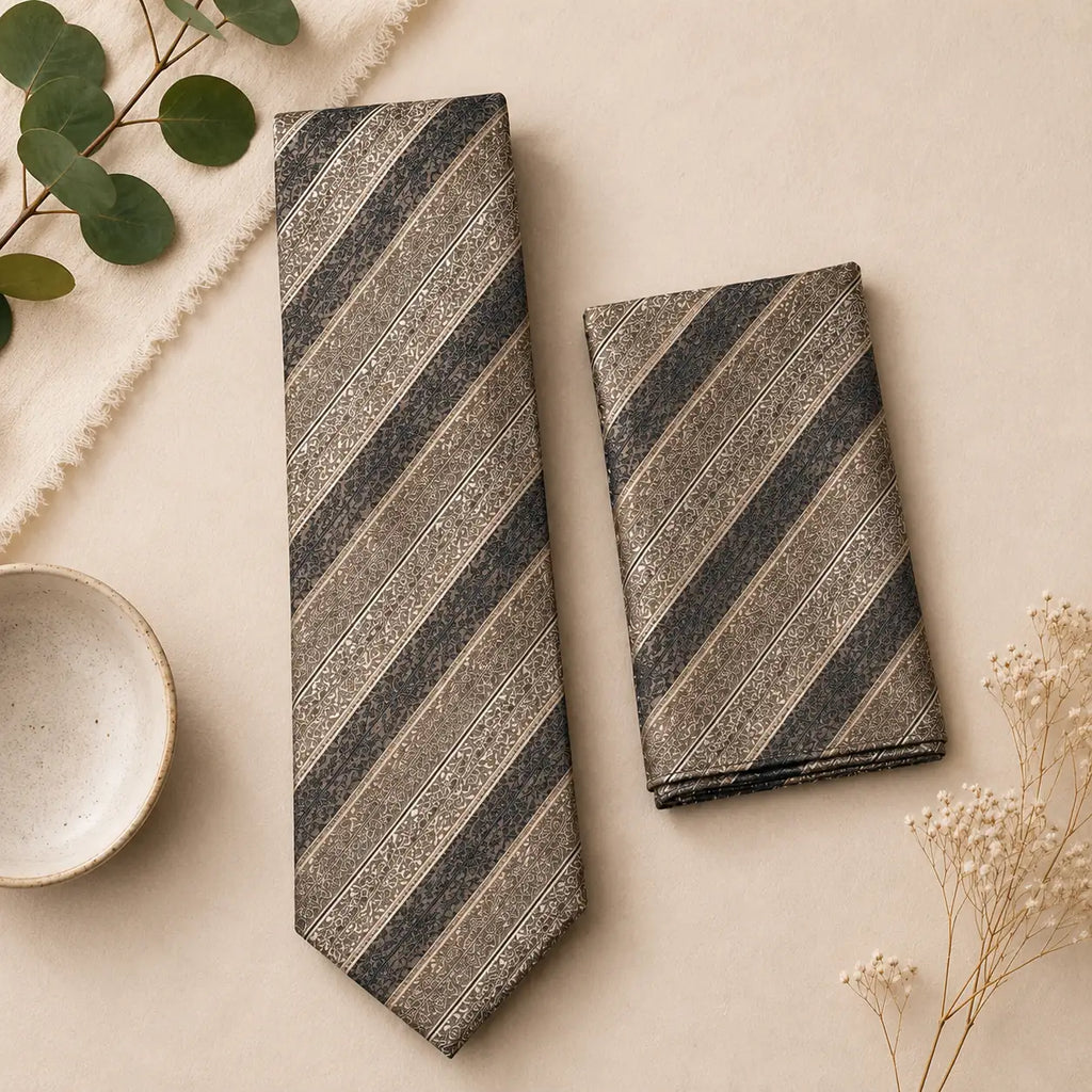 Champagne Heritage Stripe Silk Tie & Pocket Square Set