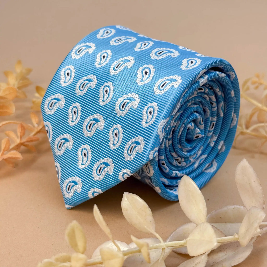 Sky Blue and White Paisley Silk Necktie