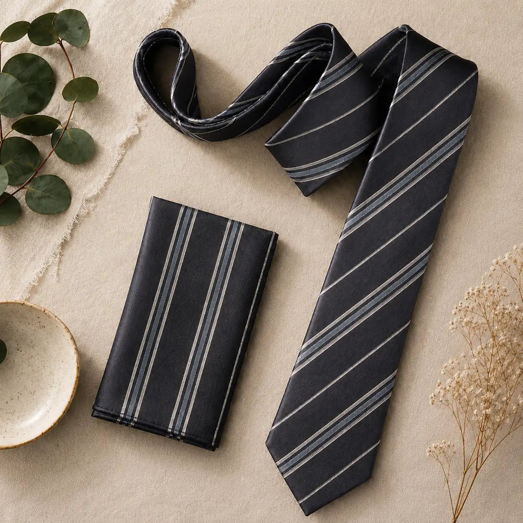 Charcoal Brown Stripe Silk Tie & Pocket Square Set