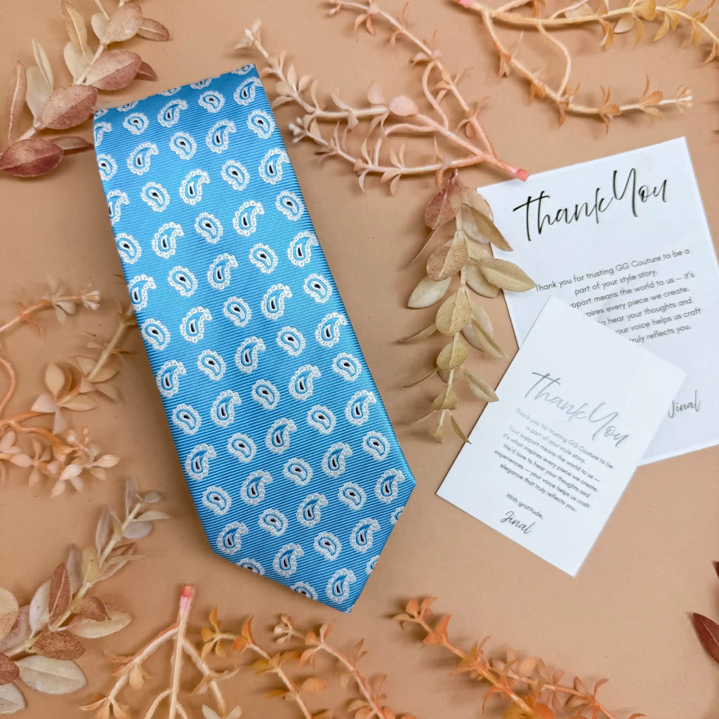 Sky Blue and White Paisley Silk Necktie