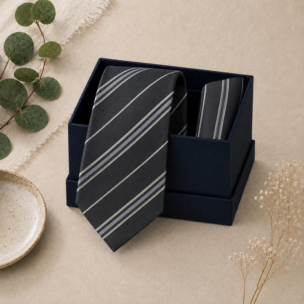 Charcoal Brown Stripe Silk Tie & Pocket Square Set