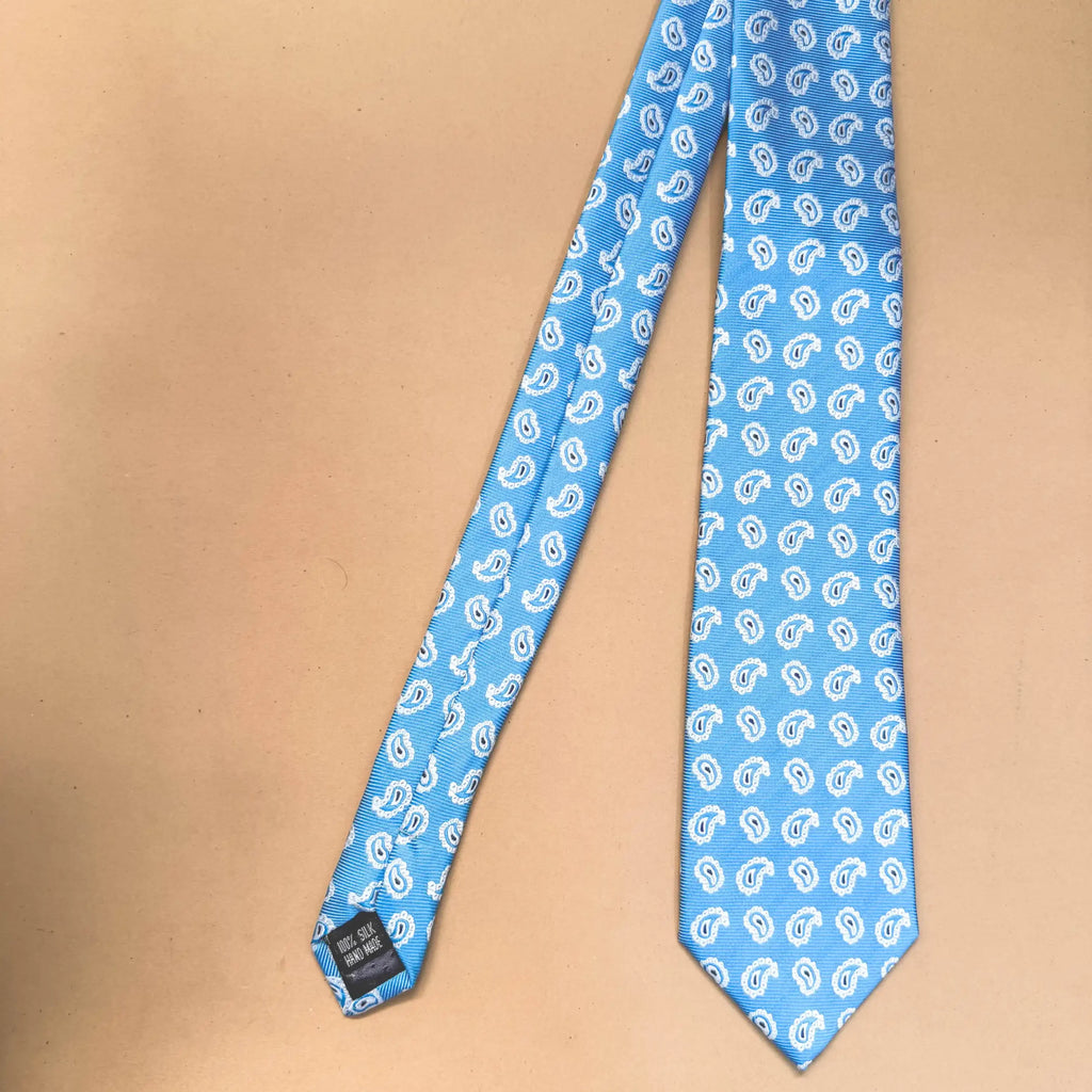 Sky Blue and White Paisley Silk Necktie