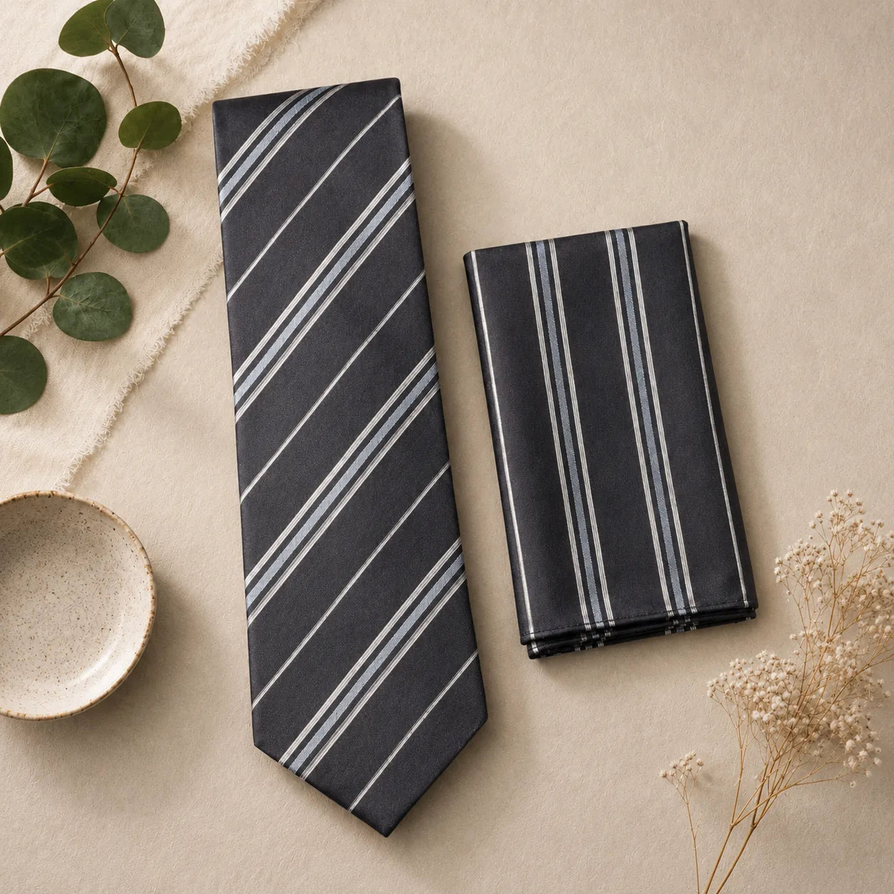 Charcoal Brown Stripe Silk Tie & Pocket Square Set