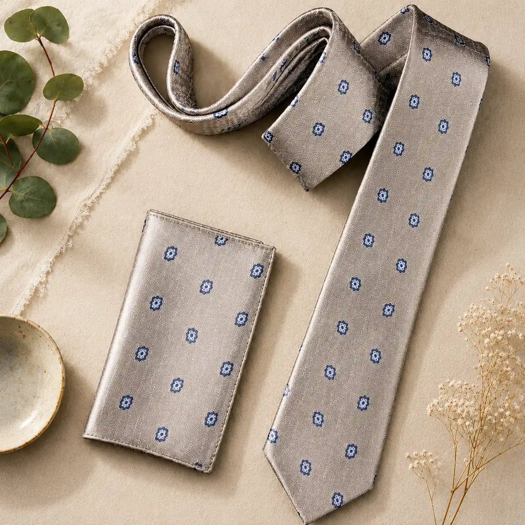 Champagne Beige Medallion Silk Tie & Pocket Square Set