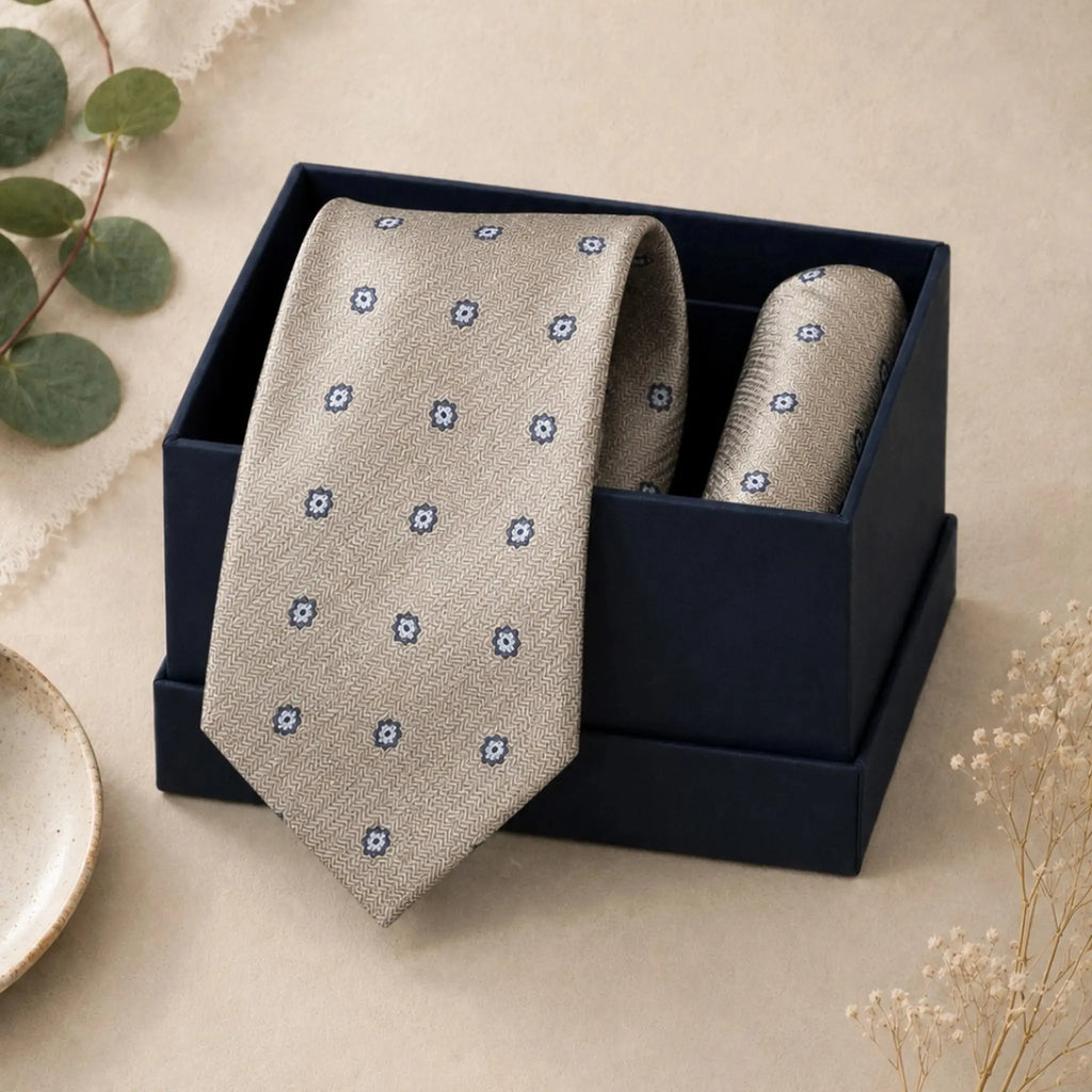 Champagne Beige Medallion Silk Tie & Pocket Square Set