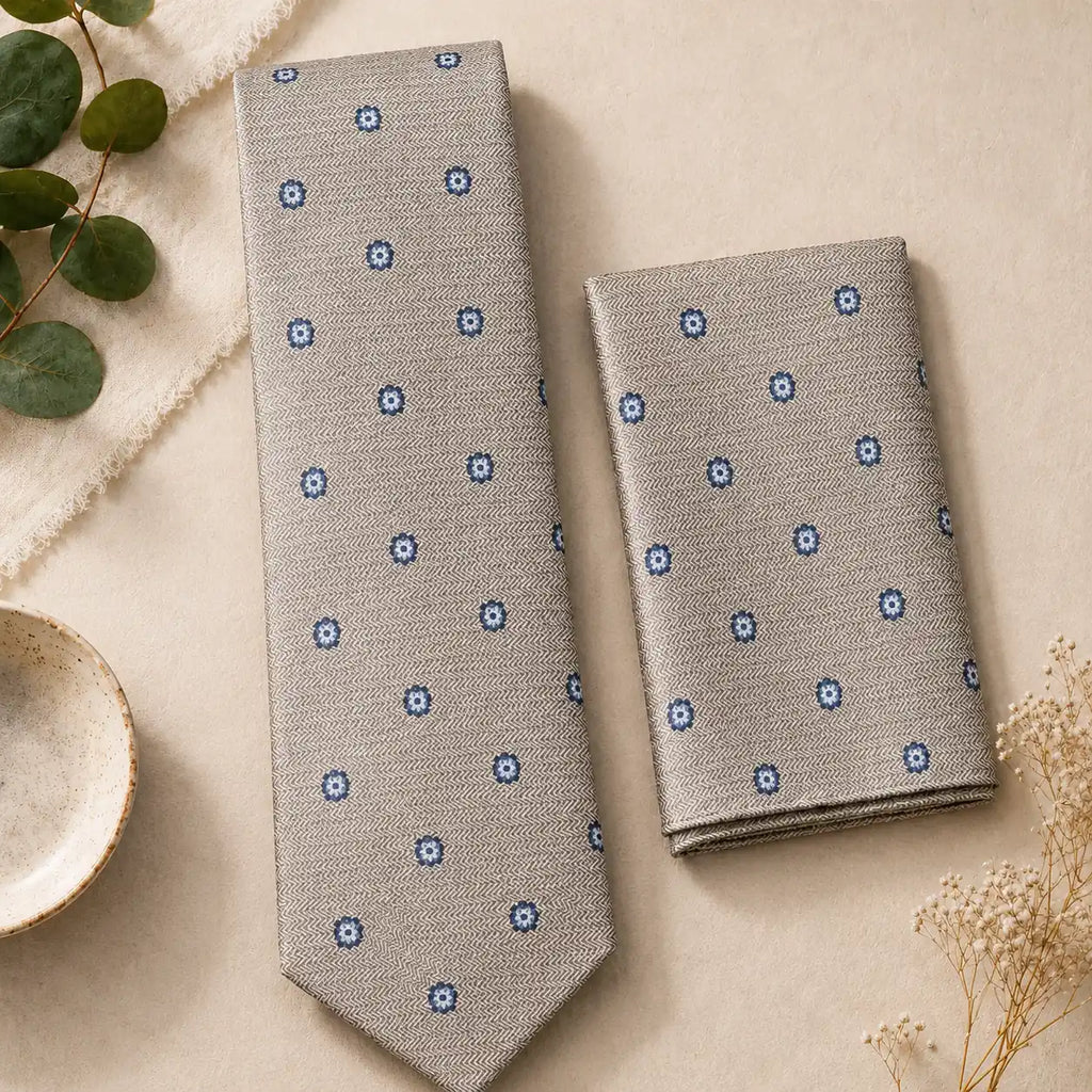 Champagne Beige Medallion Silk Tie & Pocket Square Set