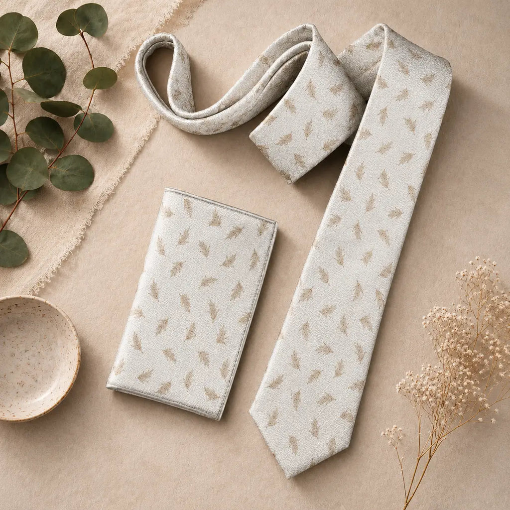 Ivory Gilded Leaf Silk Tie & Pocket Square Set
