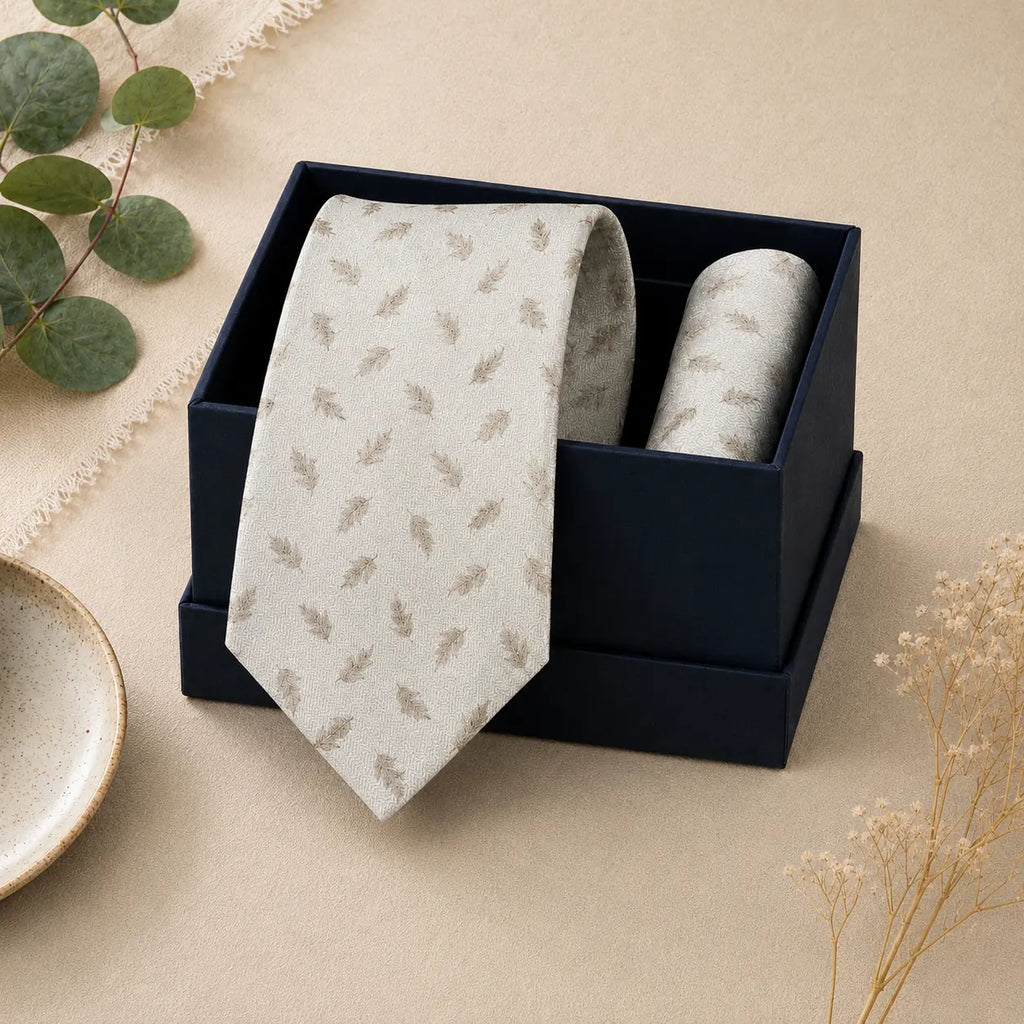 Ivory Gilded Leaf Silk Tie & Pocket Square Set