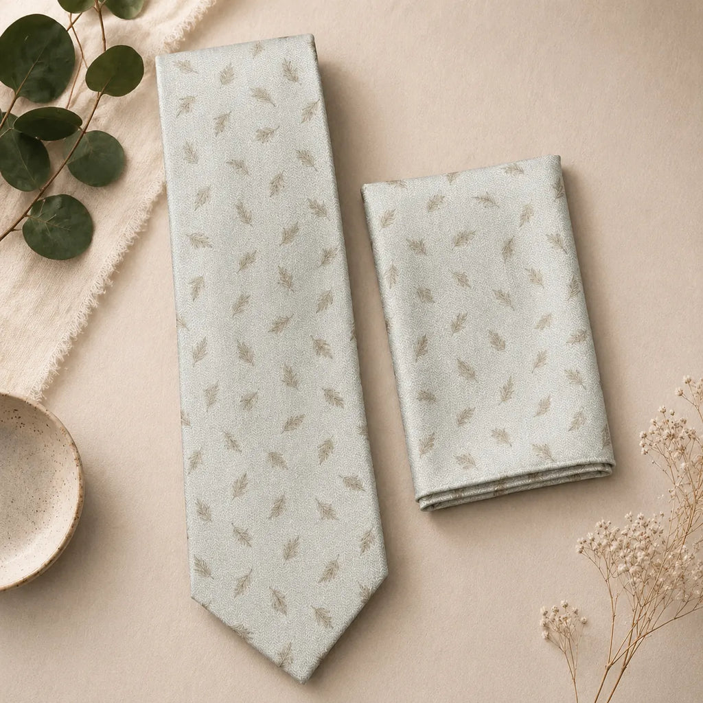Ivory Gilded Leaf Silk Tie & Pocket Square Set