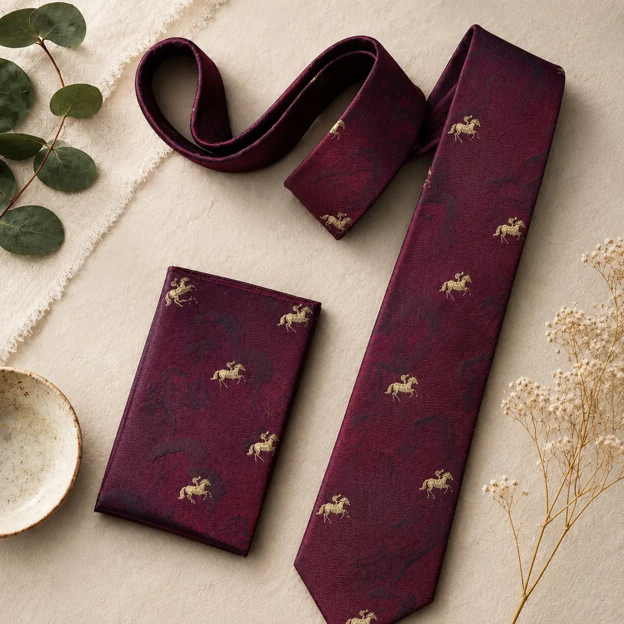 Scarlet Equestrian Silk Tie & Pocket Square Set
