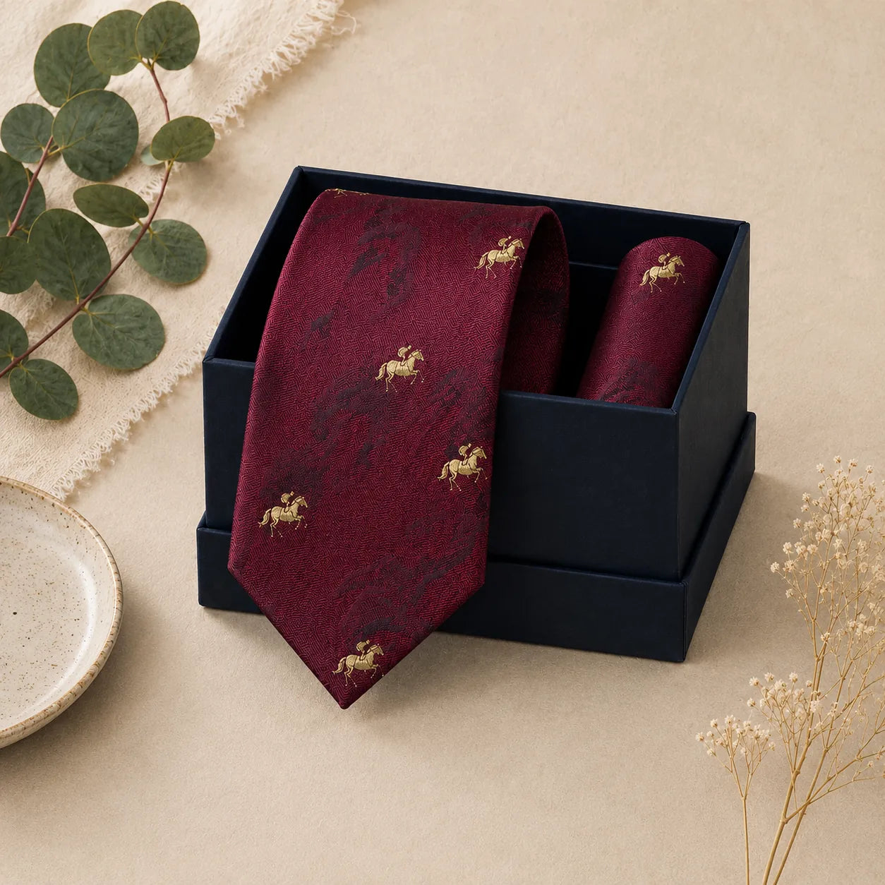 Scarlet Equestrian Silk Tie & Pocket Square Set