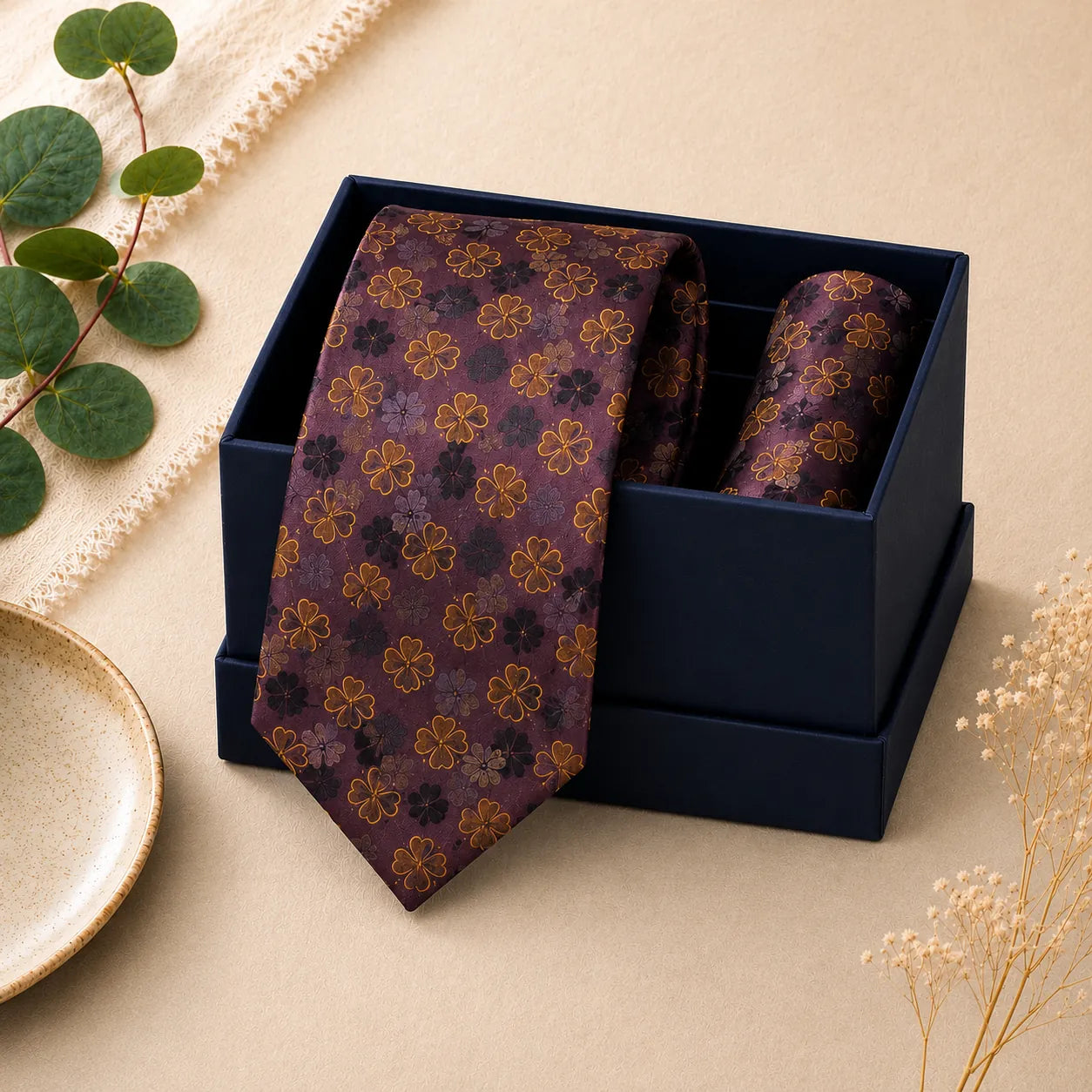 Dusty Rose Floral Silk Tie & Pocket Square Set