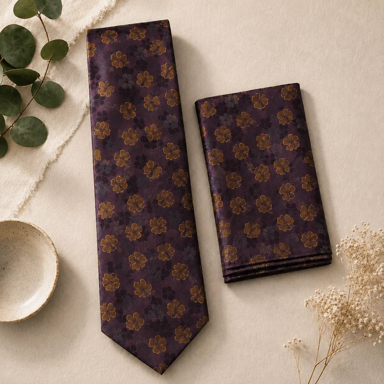 Dusty Rose Floral Silk Tie & Pocket Square Set