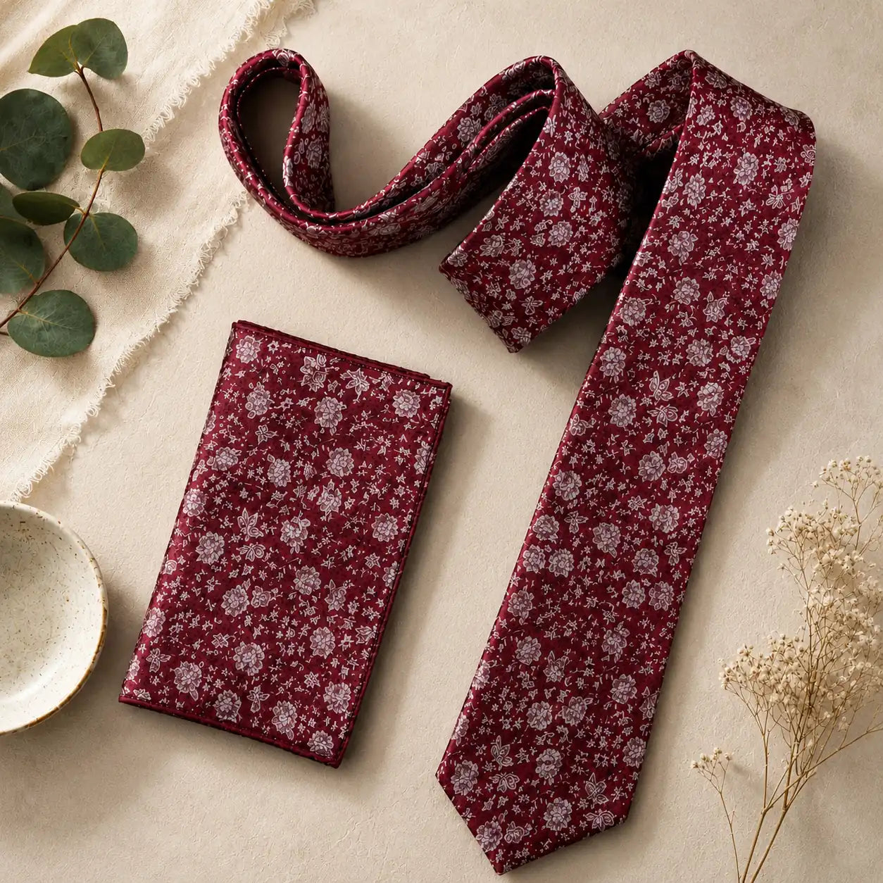Rose Burgundy Floral Silk Tie & Pocket Square Set