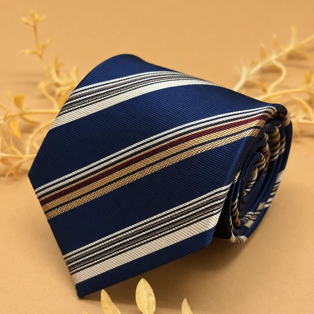 Ivory, Blue and Brown Stripe Silk Necktie
