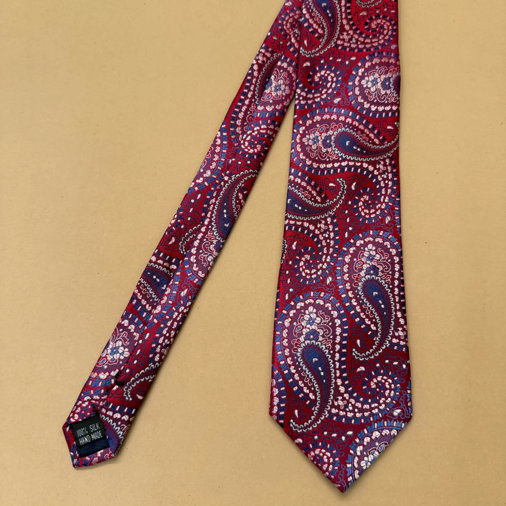 Maroon Blue Designer Paisley Silk Necktie