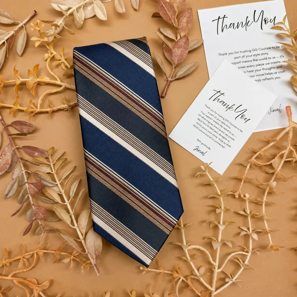 Ivory, Blue and Brown Stripe Silk Necktie
