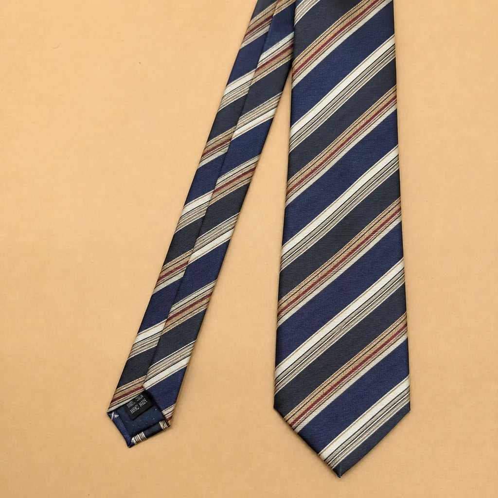 Ivory, Blue and Brown Stripe Silk Necktie