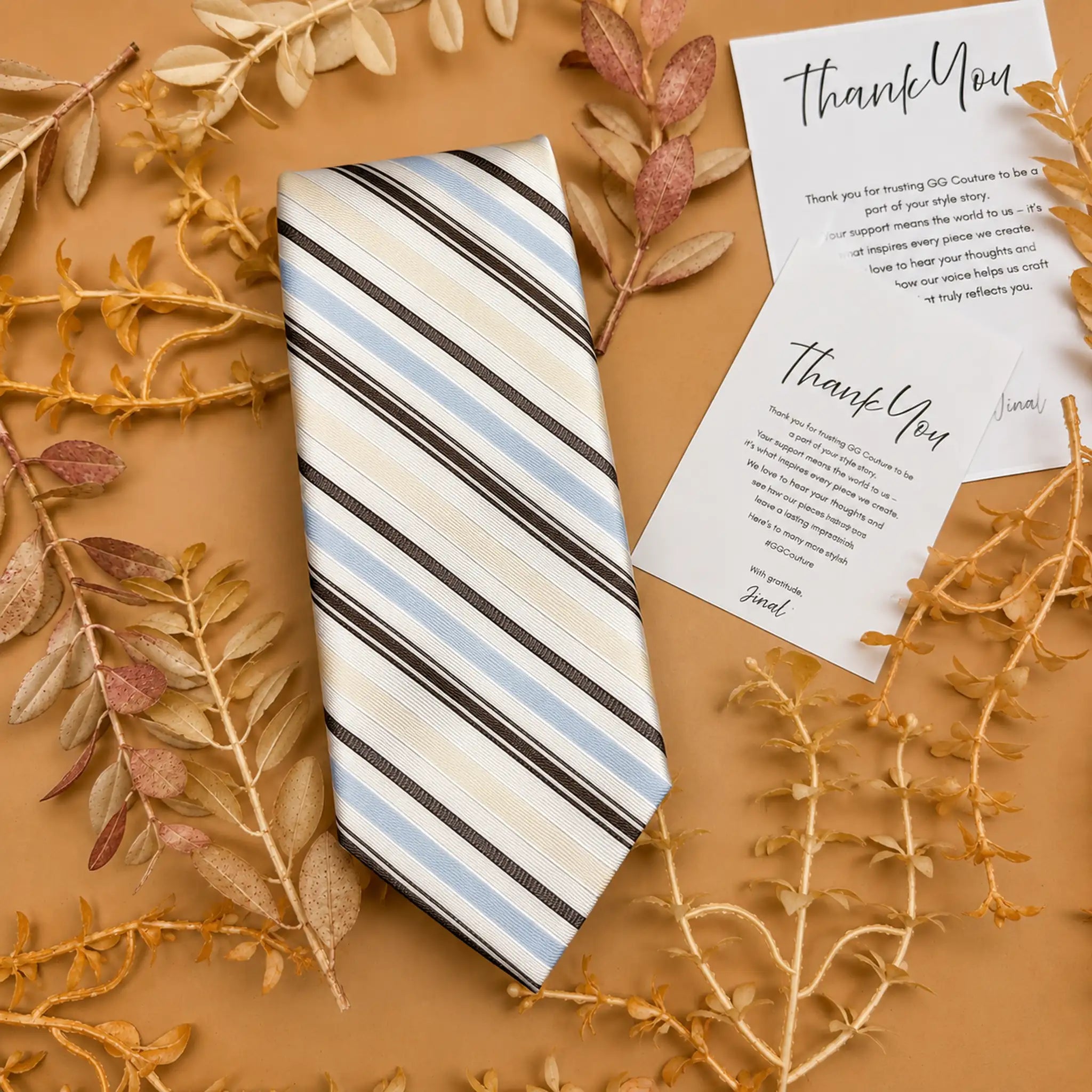 White and Brown Multi Stripe Silk Necktie