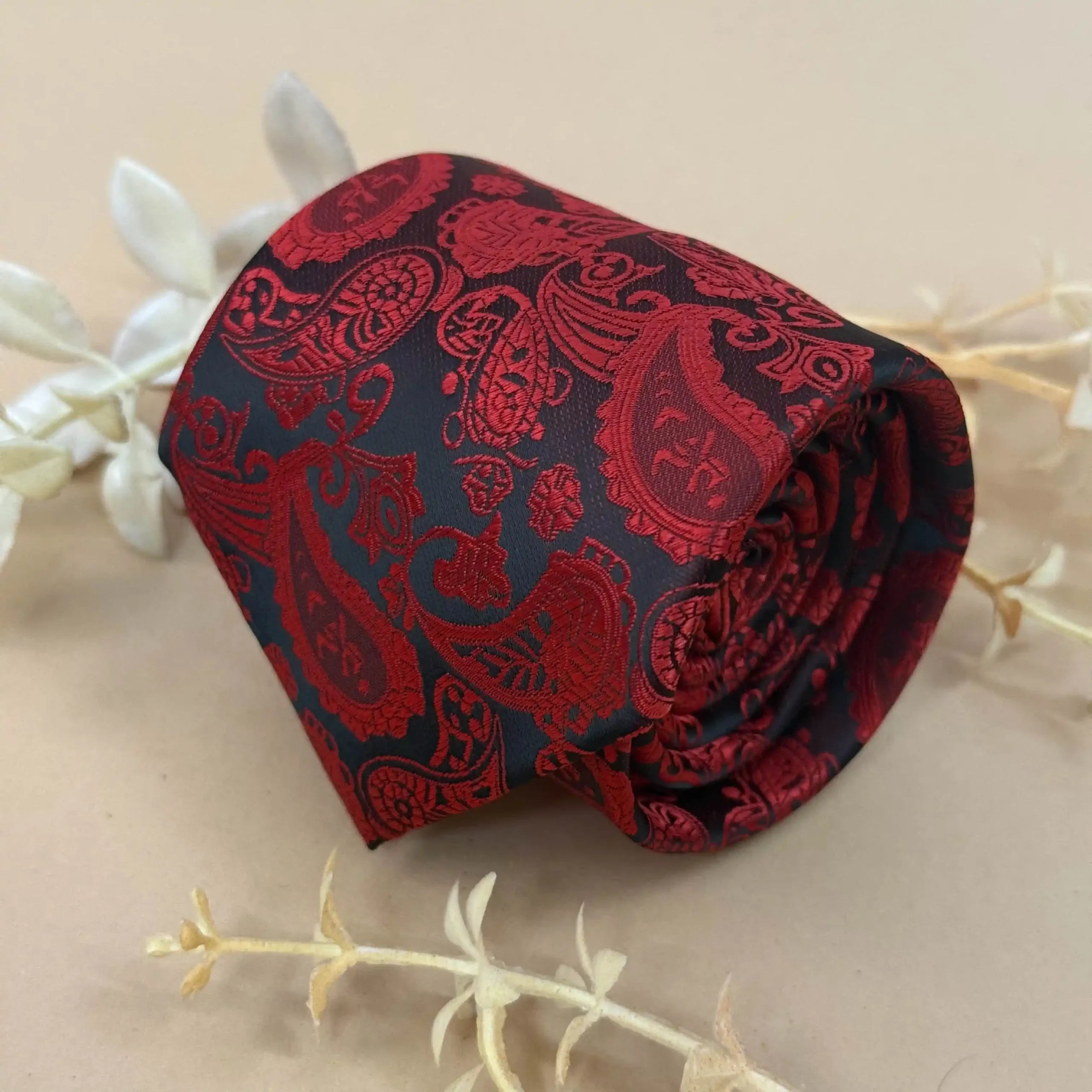 Black Red Designer Paisley Silk Necktie