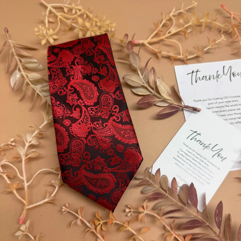Black Red Designer Paisley Silk Necktie