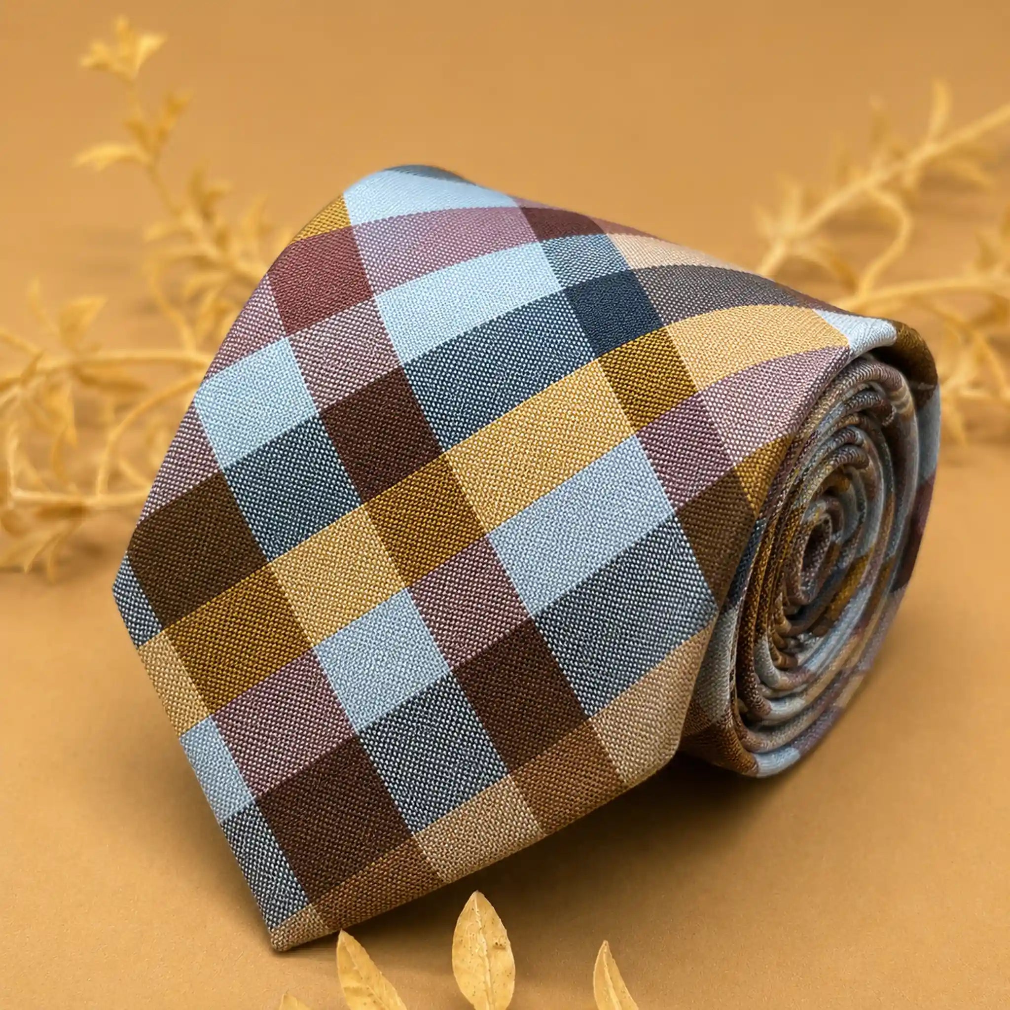 Beige Multi Colored Check Silk Necktie