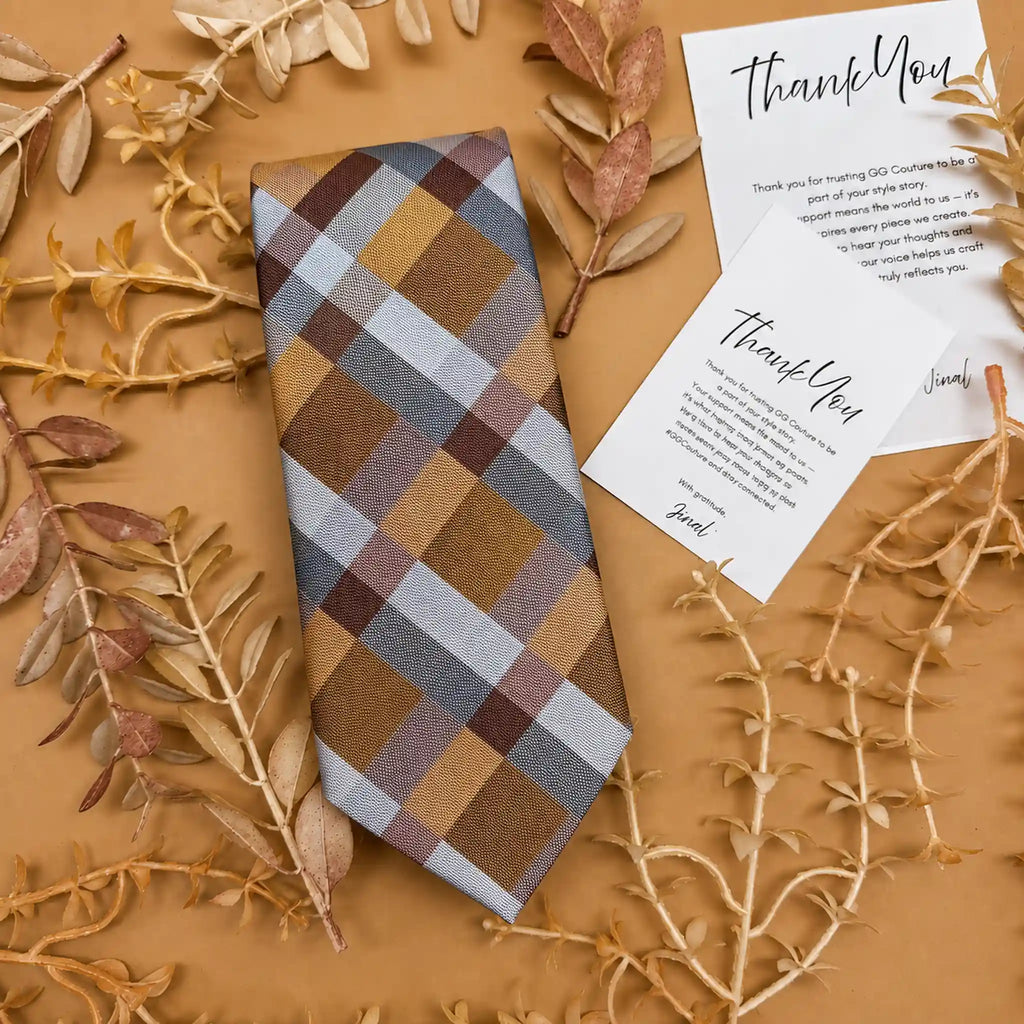 Beige Multi Colored Check Silk Necktie