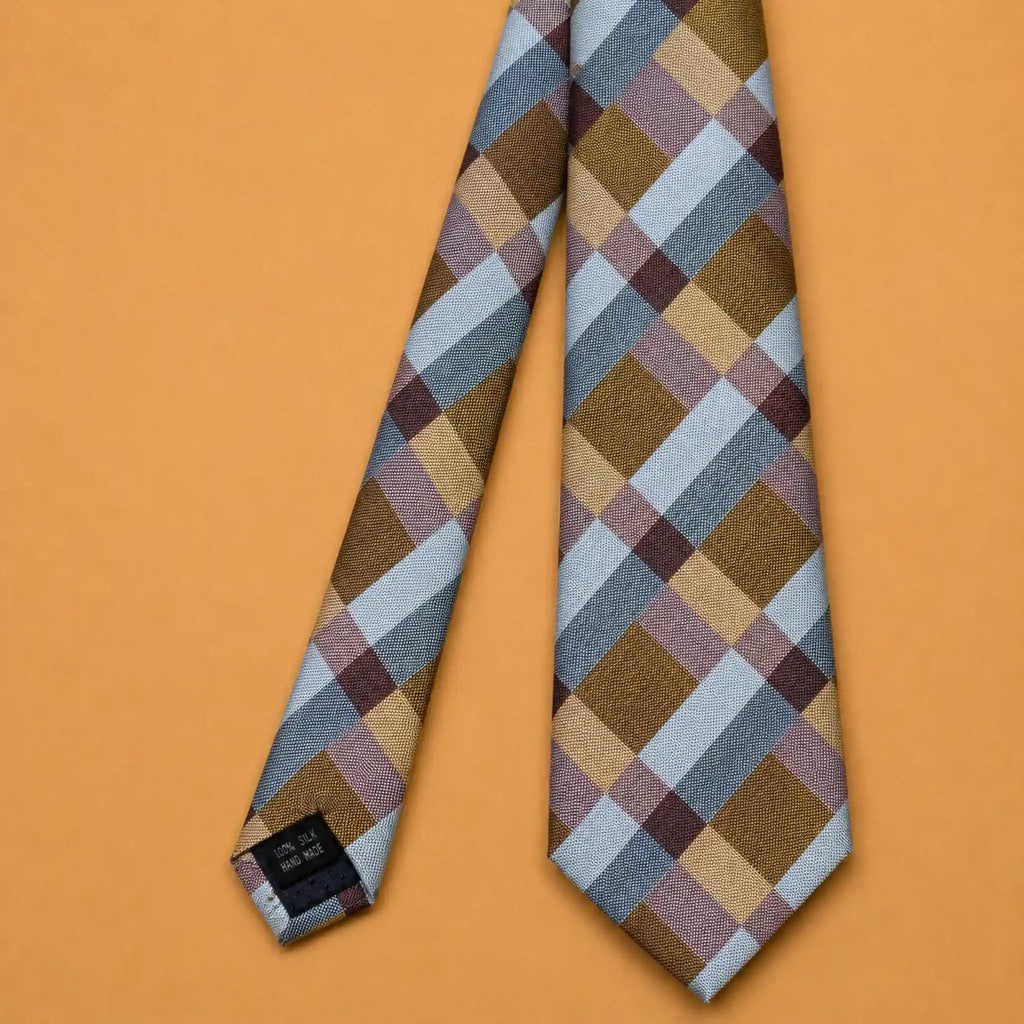 Beige Multi Colored Check Silk Necktie