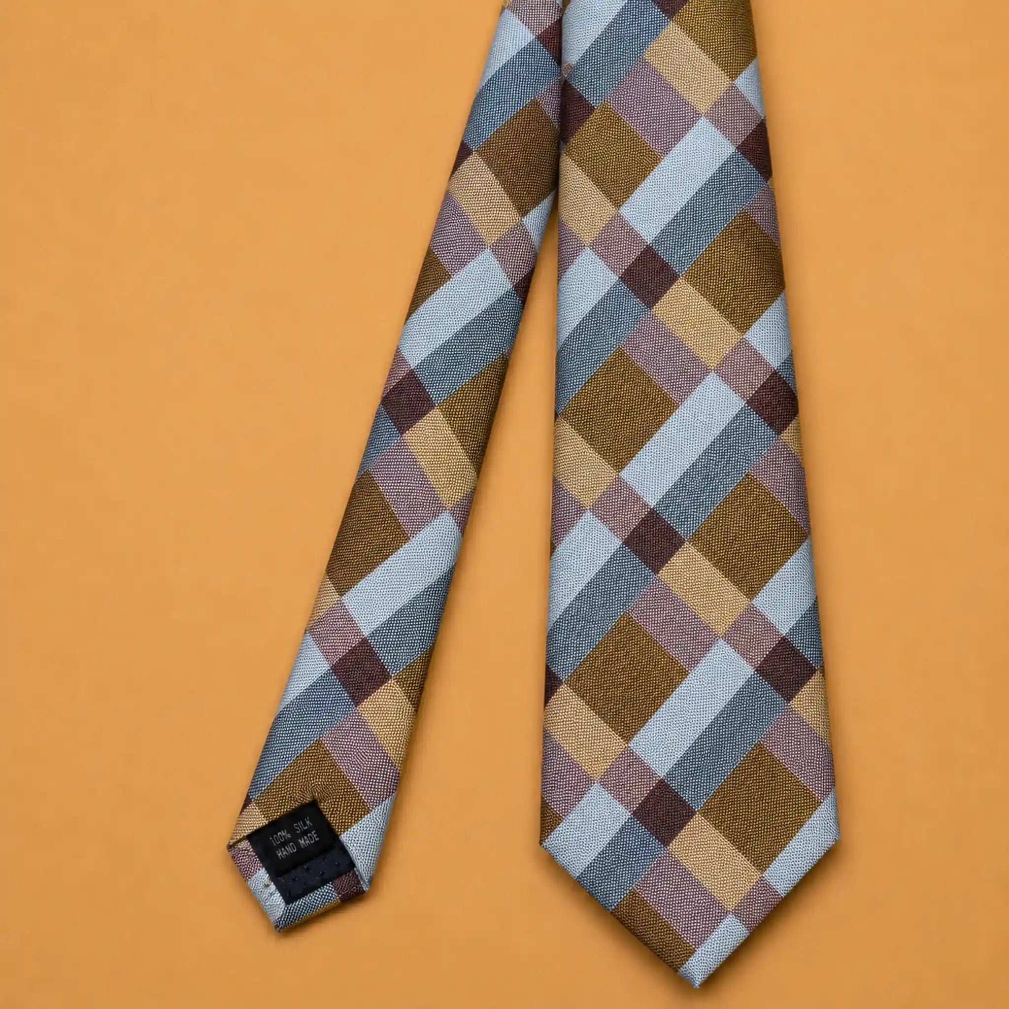 Beige Multi Colored Check Silk Necktie