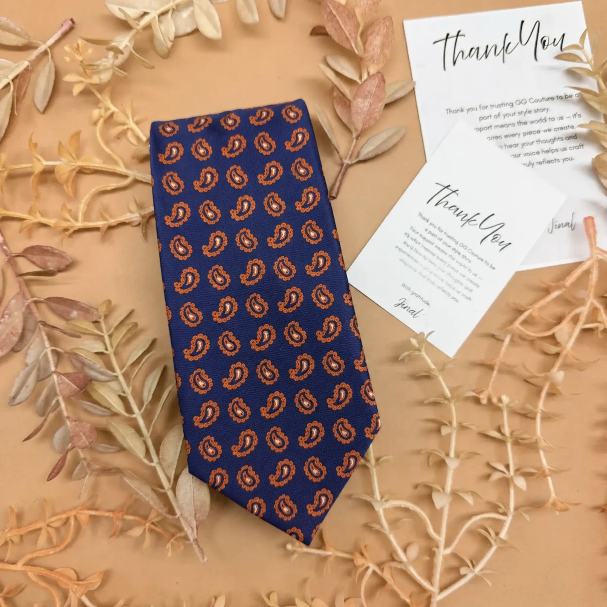 Navy Blue and Gold Copper Paisley Silk Necktie