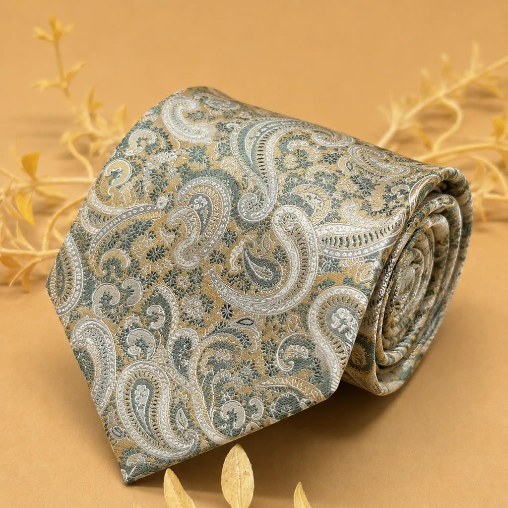 Ivory and Sage Paisley Silk Necktie