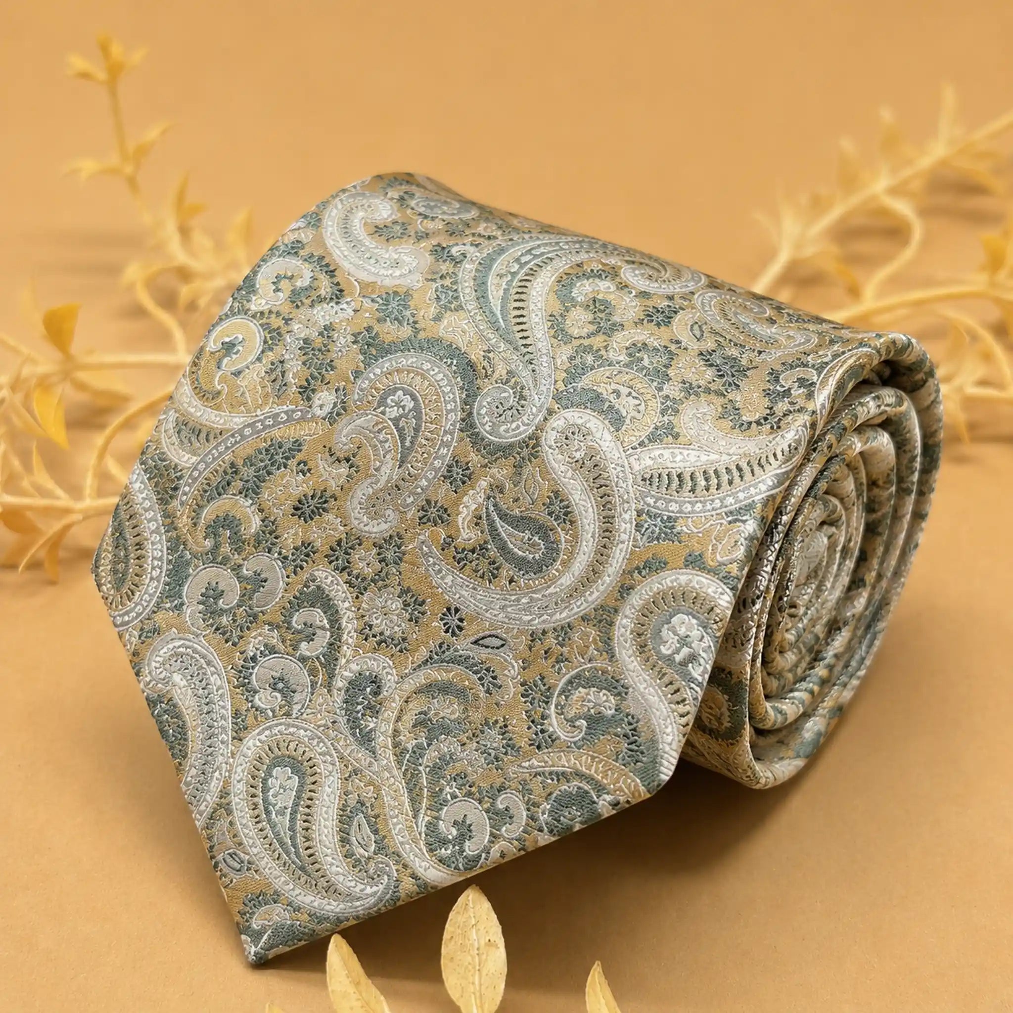 Ivory and Sage Paisley Silk Necktie