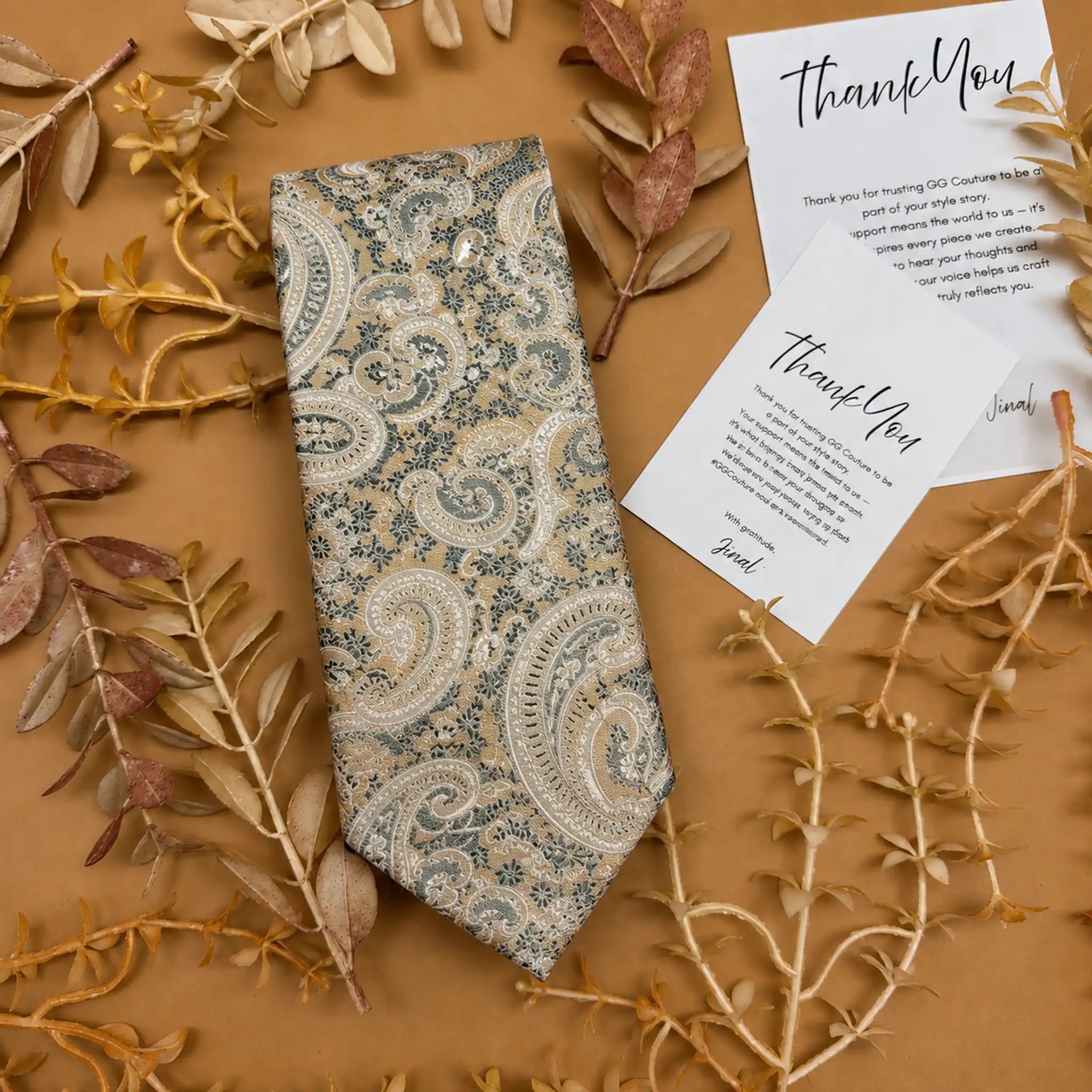 Ivory and Sage Paisley Silk Necktie