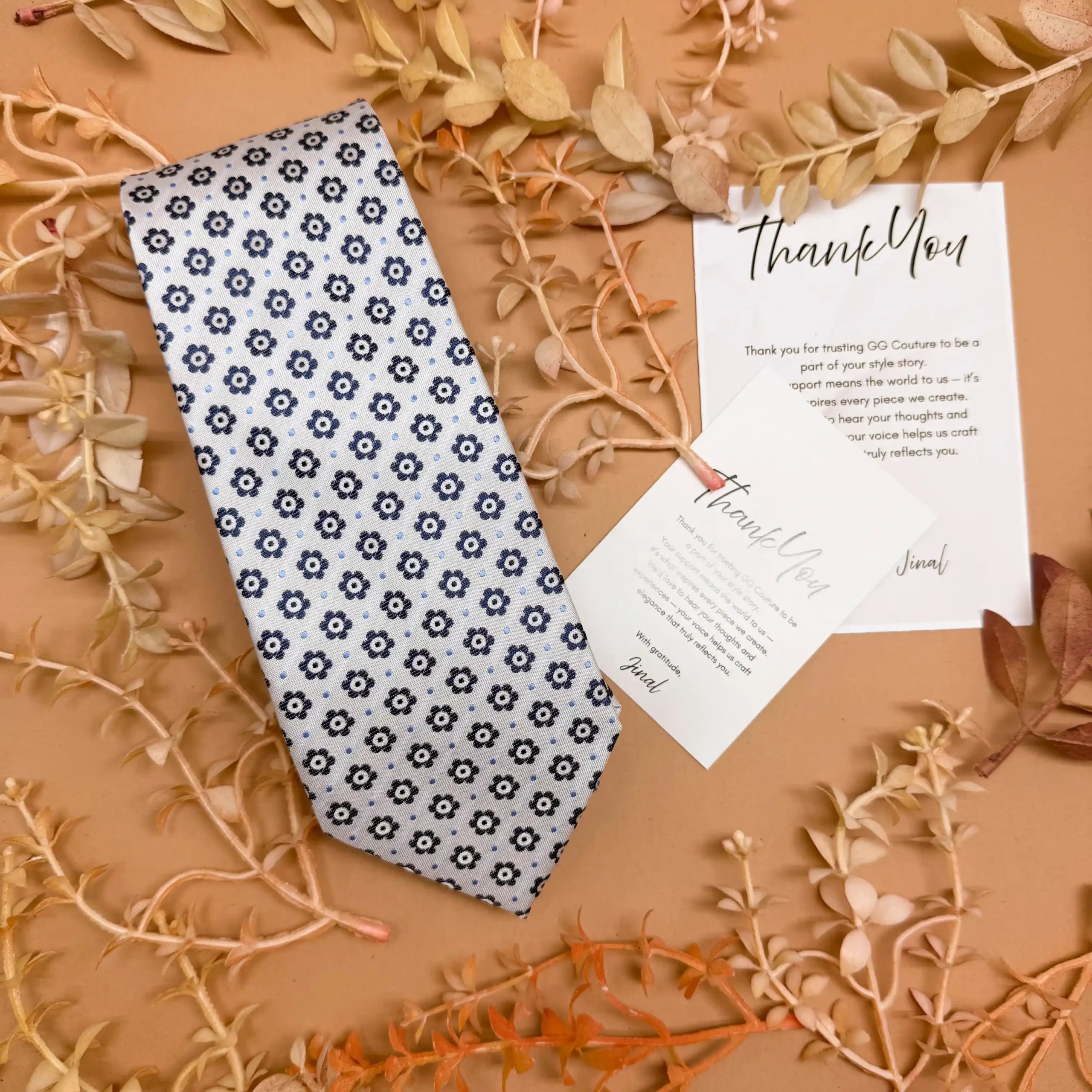 White Navy Blue Floral Geometric Silk Necktie